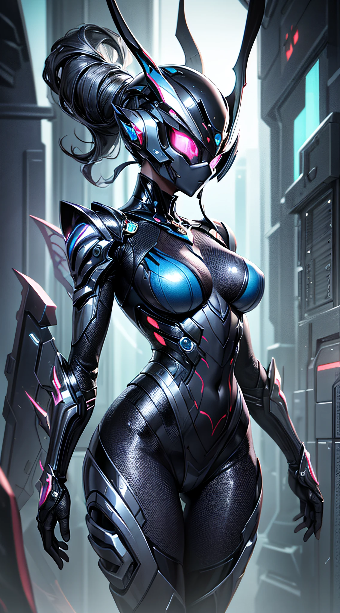 A sleek, technologically advanced female warrior stands before us, dressed in a gleaming suit of armor that seems to mimic the intricate exoskeleton of an ant. Her closed helmet, resembling the head of an ant, adds an air of mystery to her appearance. The armor is adorned with various futuristic and high-tech elements, giving her a formidable and futuristic presence. Her posture exudes confidence and readiness for action, as she stands tall and alert, ready to face any challenge. The scene is bathed in a futuristic visual style, with a mix of sleek metallic surfaces and advanced lighting effects that make the whole image appear both cutting-edge and slightly otherworldly. The artist's reference for this creation draws inspiration from science fiction and the insect world, resulting in a truly unique and captivating character. The overall vibe of this image is one of a mid-journey, where our heroine is embarking on an exciting and perilous adventure in a world beyond our imagination.