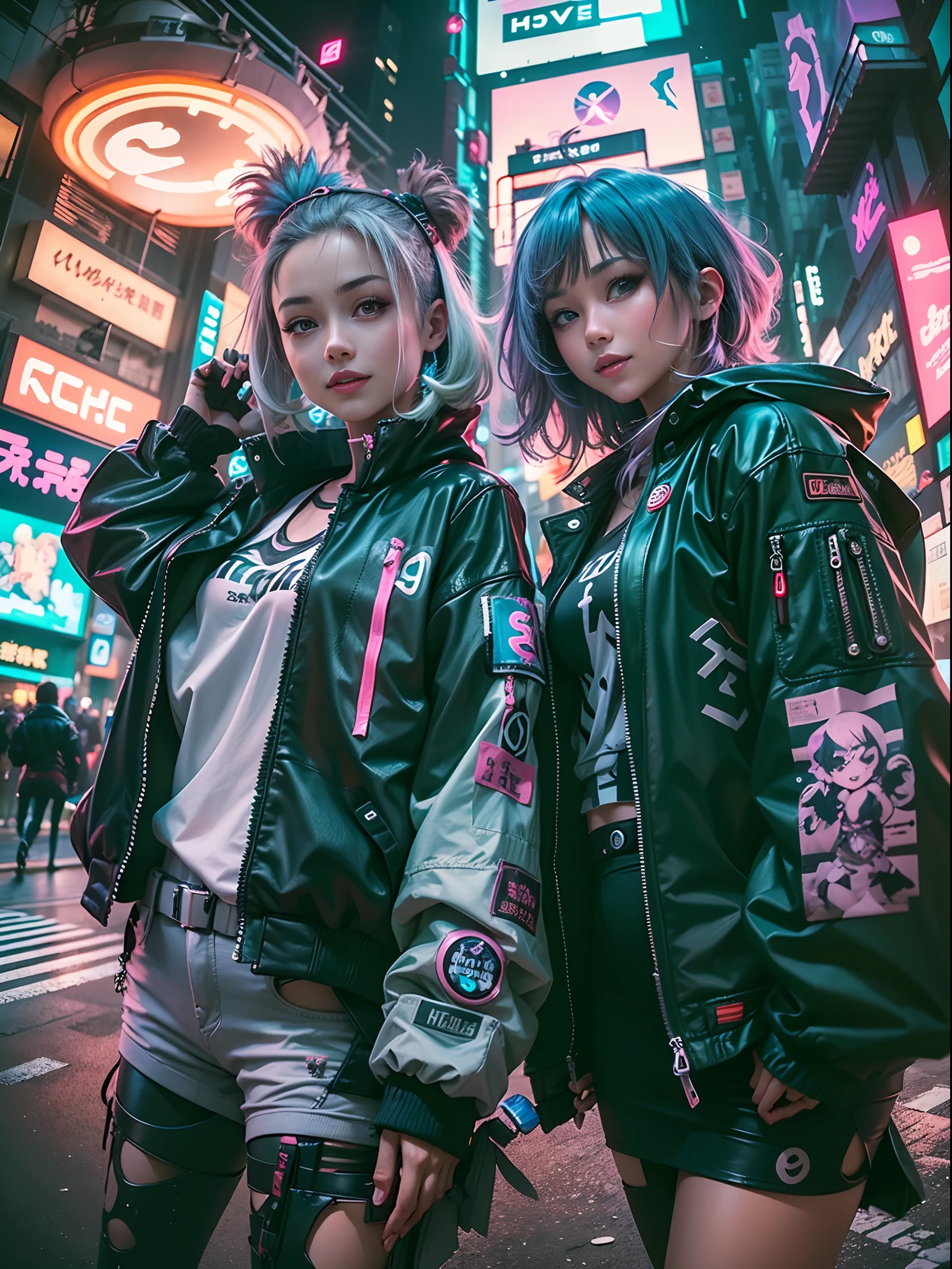 ((2 cyberpunk girls wearing Harajuku tech jackets)), fisheye, selfie, cowboy shot, wind, messy hair, cyberpunk cityscape, (aesthetics and atmosphere:1.2),smiling
