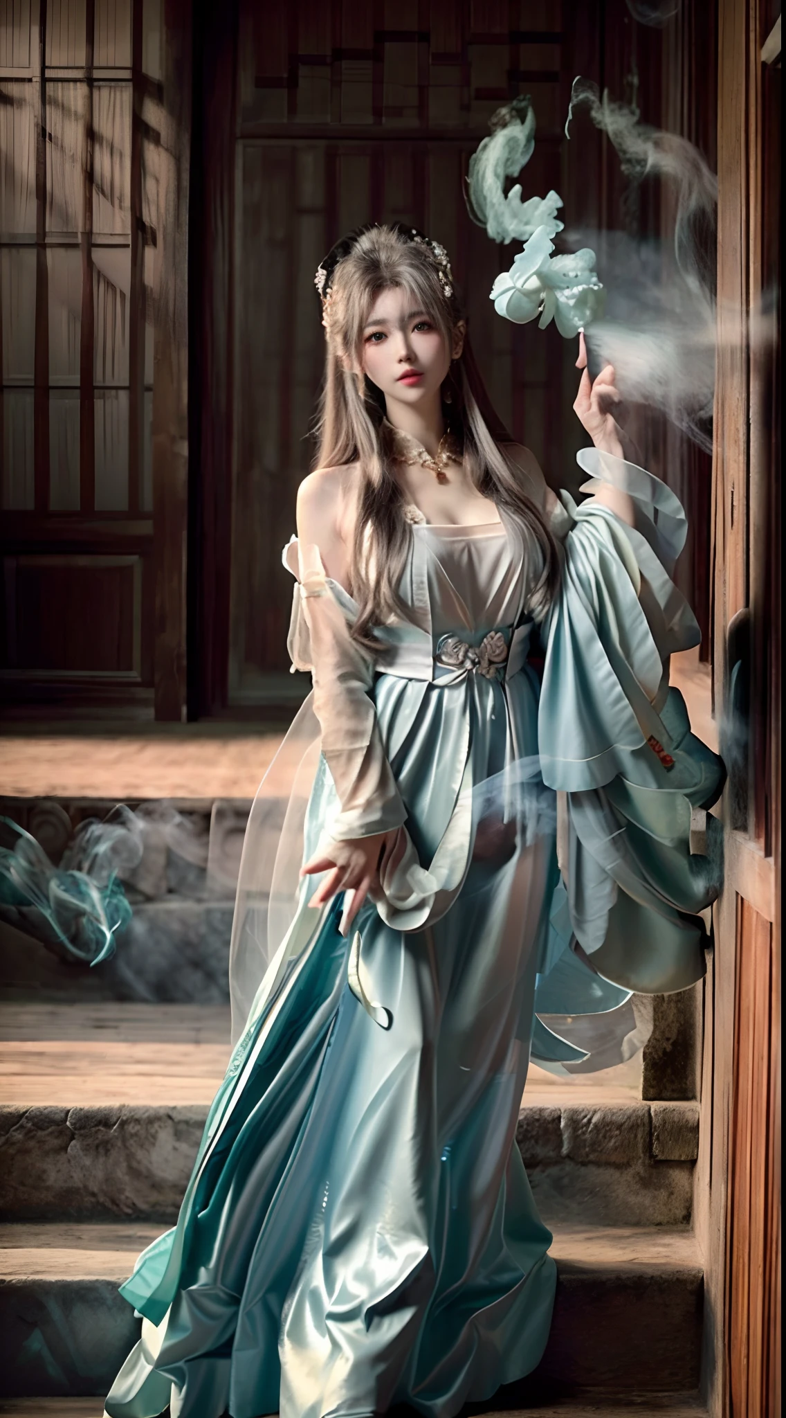 (Best quality,4K,8K,A high resolution,Masterpiece:1.2),Ultra-detailed,(Realistic,Photorealistic,photo-realistic:1.37),Gorgeous,Beautiful,Long golden hair, The goddess in a black and white dress sits on the steps, 浴室,Sexy girl,Illustration style:kim jung giu, Japanese goddess, Yoshigaki, Amazing goddess, ethereal figure, mesmerizing eyes, Beautiful white costume, Bright sunlight, gleaming silver, Yoshitomo Nara, Fuzzy green dragon-shaped smoke