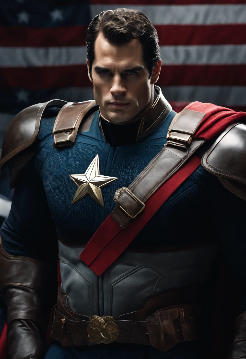 Henry Cavill, known for his imposing presence and undeniable charm, embodies Captain Patriot with mastery. Standing at an impressive 6'1" (1.85 meters) tall, Cavill's athletic physique provides the perfect canvas for Captain Patriot's attire. Donning the iconic hero's uniform, Cavill showcases his impressive musculature. The uniform consists of a snugly-fitted suit predominantly in blue, featuring the star-emblazoned emblem on the chest and white stripes that accentuate his broad shoulders. A red belt with a golden buckle cinches his waist, while black leather boots add an air of authority to the ensemble. His dark hair and well-groomed beard complete the image, making him a worthy and confident Captain Patriot, ready to protect the nation. Cinematic realistic portrait, bonito rosto detalhado, rosto realista altamente detalhado, Rosto altamente detalhado de 8k, retrato de rosto detalhado realista, 8k portrait render, sharp high detail face, realistic face moody lighting, rosto realista detalhado, rosto realista humano, Retrato VFX altamente detalhado, rosto detalhado e realista, rosto realista e detalhado