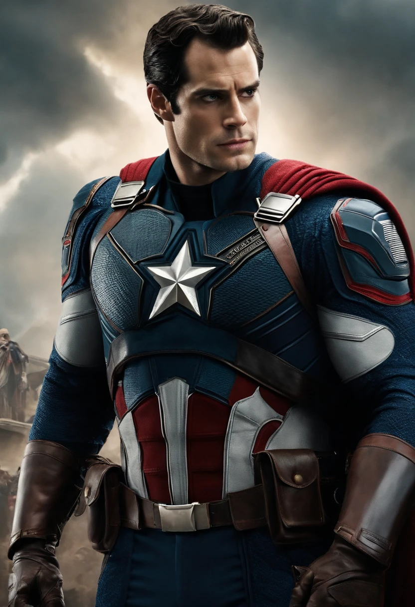 Henry Cavill, known for his imposing presence and undeniable charm, embodies Captain Patriot with mastery. Standing at an impressive 6'1" (1.85 meters) tall, Cavill's athletic physique provides the perfect canvas for Captain Patriot's attire. Donning the iconic hero's uniform, Cavill showcases his impressive musculature. The uniform consists of a snugly-fitted suit predominantly in blue, featuring the star-emblazoned emblem on the chest and white stripes that accentuate his broad shoulders. A red belt with a golden buckle cinches his waist, while black leather boots add an air of authority to the ensemble. His dark hair and well-groomed beard complete the image, making him a worthy and confident Captain Patriot, ready to protect the nation. Cinematic realistic portrait, bonito rosto detalhado, rosto realista altamente detalhado, Rosto altamente detalhado de 8k, retrato de rosto detalhado realista, 8k portrait render, sharp high detail face, realistic face moody lighting, rosto realista detalhado, rosto realista humano, Retrato VFX altamente detalhado, rosto detalhado e realista, rosto realista e detalhado