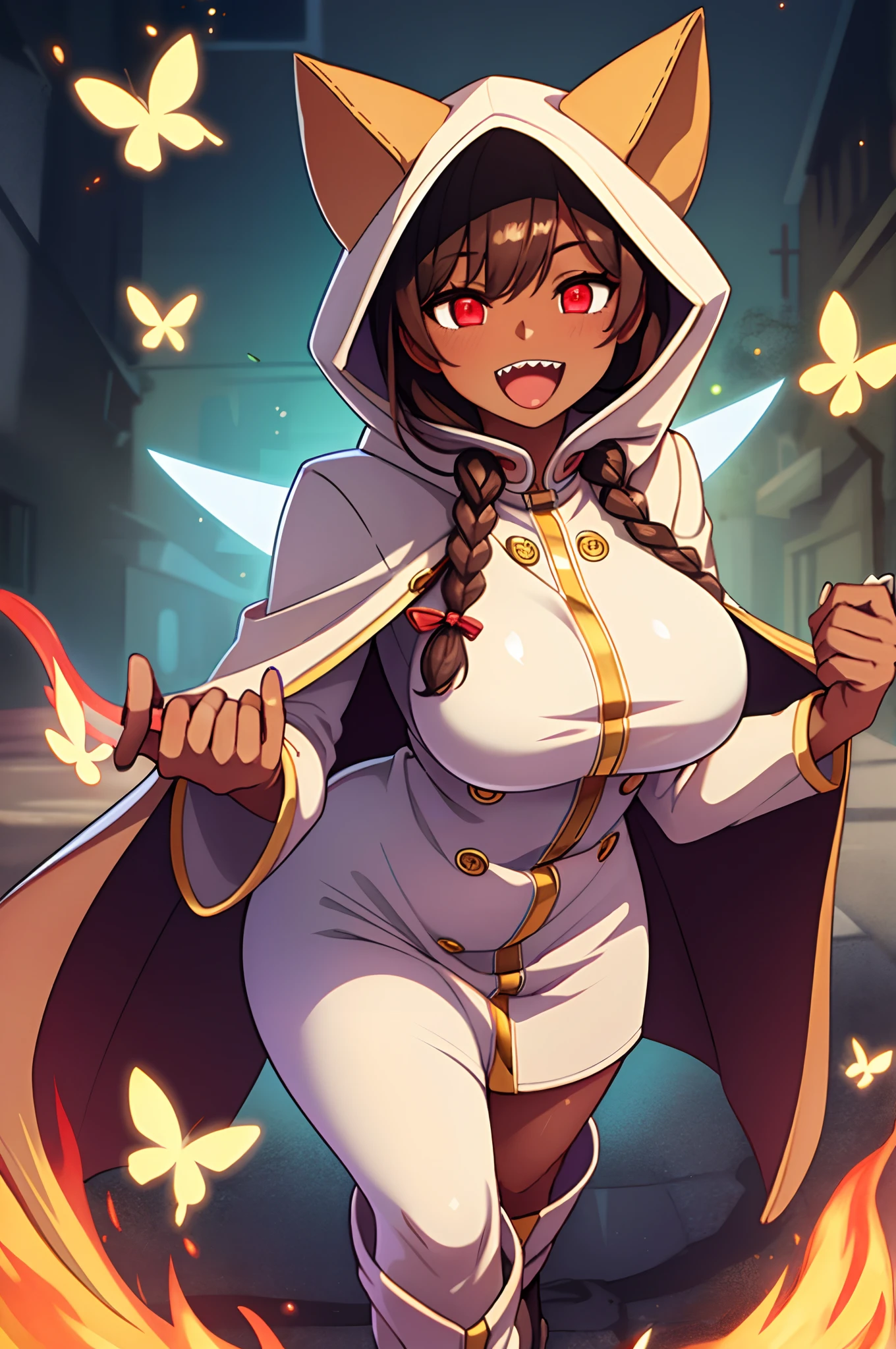 (masterpiece, best quality, high resolution, unity 8k wallpaper, extremely detailed CG:1.2), (illustration:1.0), beautiful detailed eyes, extremely detailed face, perfect lighting, cowboy shot, 1girl, taokakams, hood, animal hood, cat hood , hoodie, red eyes, grin, claws, breast, curvy, female,fantasy goddess,there is a cartoon picture of a woman with a very large breast, glowing angelic being, glowing holy aura, inspired by Luma Rouge, the non-binary deity of spring, ethereal rainbow nimbus, the butterfly goddess of fire, inspired by Marie Angel, glowing aura around her, astral fairy, as the goddess of the sun, “uwu the prismatic person, big breast, happy, beautiful eyes, , full body, walking, long robe, long dre, catgirlss, nun, priestess ,holy, smile, brown hair, cloak, vest, pullover, pants, darkskinned-female, sharpteeth, walking, boots, red eyes, long dress,panthyhose, twinbraids, full body