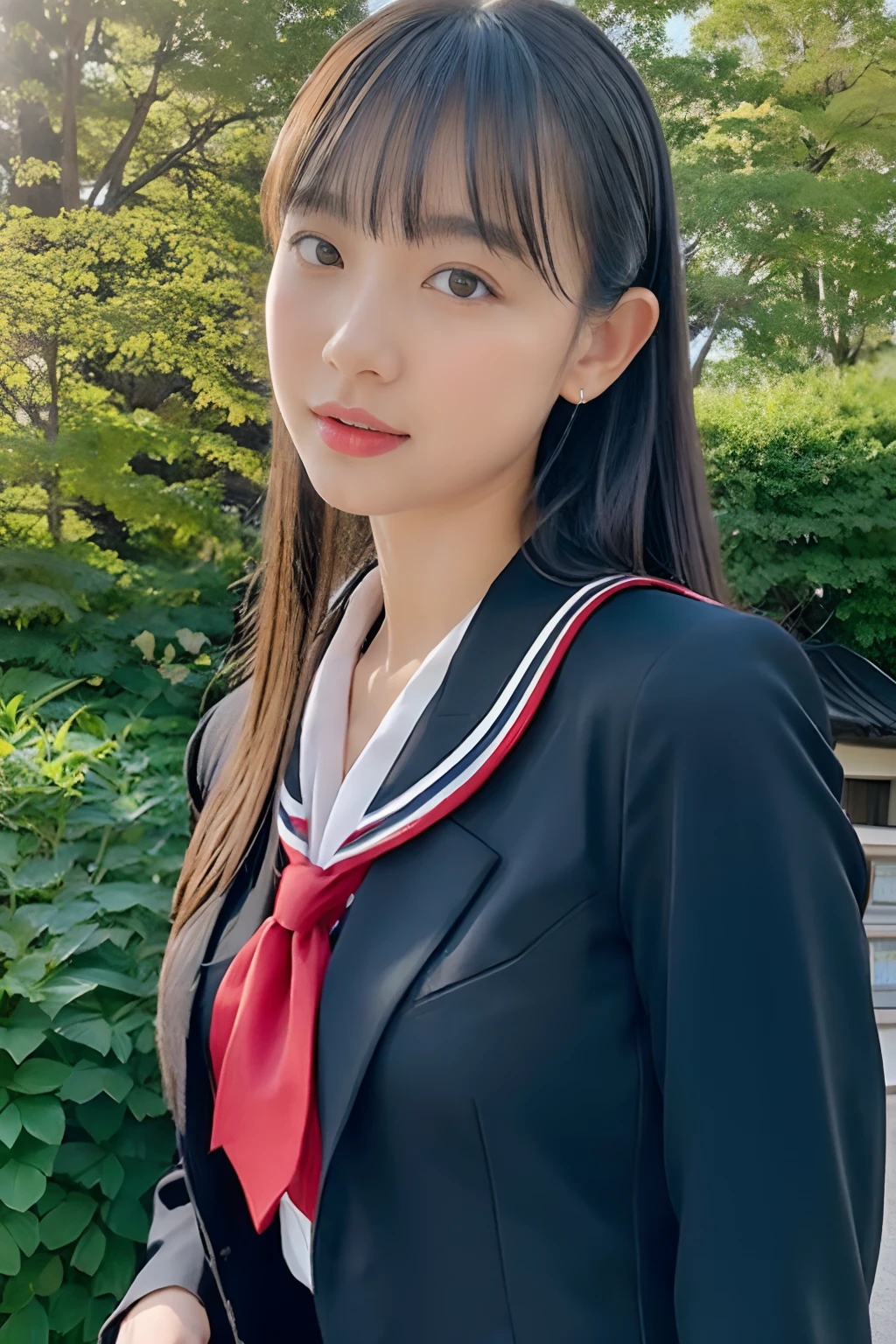 Japan school uniform, a closeup, wide angles, low angles, peitos fartos, Brown hair, looking at the viewers, portlate, 耳Nipple Ring, ear phone, hi-school girl, Fabric Pleated Skirt, neck tie, Black Suit, Red suit, a sailor suit, Posing Black Eye, unparalleled masterpiece ever, Ultra realistic 8K CG, Clean and beautiful face, Glossy skin, Skindentation, top-quality, 超A high resolution, Photorealsitic, ((Look at viewers))