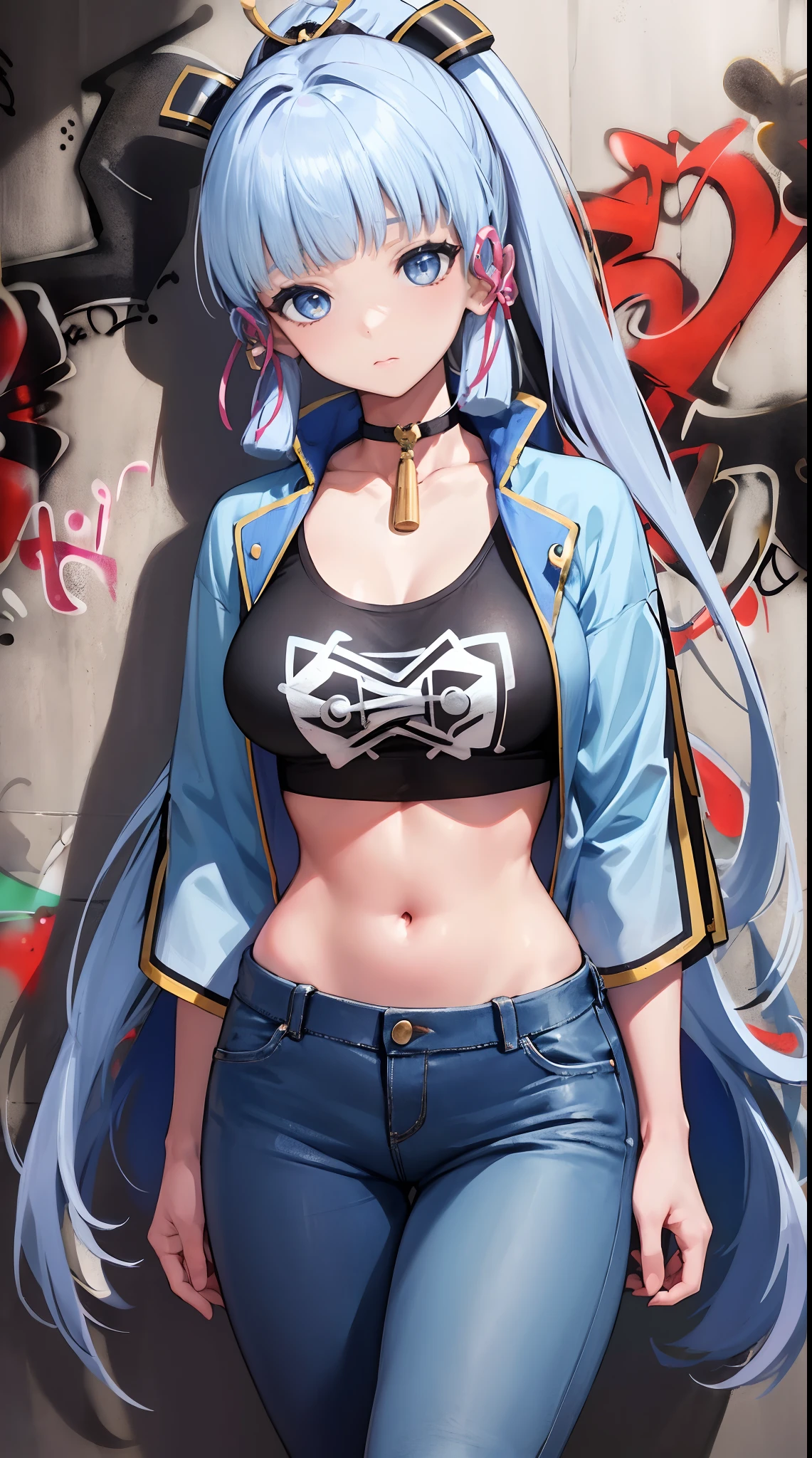kamisato ayaka|genshin impact, master-piece, bestquality, 1girls,25 years old, proportional body, elongated legs, Beautiful, proportional., crop top, Long Jeans, mediuml breasts, ,bara, crop top, choker, (Graffiti:1.5), Splash with purple lightning pattern., arm behind back, against wall, View viewers from the front., Thigh strap, Head tilt, bored,(NSTDA.:1.2), (10, beste-Qualit, master-piece: 1.4), Beautiful red hair, ultra-high resolution, (lifelike, photorealistic portrait: 1.48), 20 age, Cute Girl, (Looking Through Crop Tops.), Famous Japanese actors, beautiful clear eyes, Head tilt, cowboy shot, from the front, looking at the audience, expressionless, Beautiful lake, Zeiss 150mm F/ 2.8 Hasselblad, Whole body, foot, Ultra-Wide Angle,