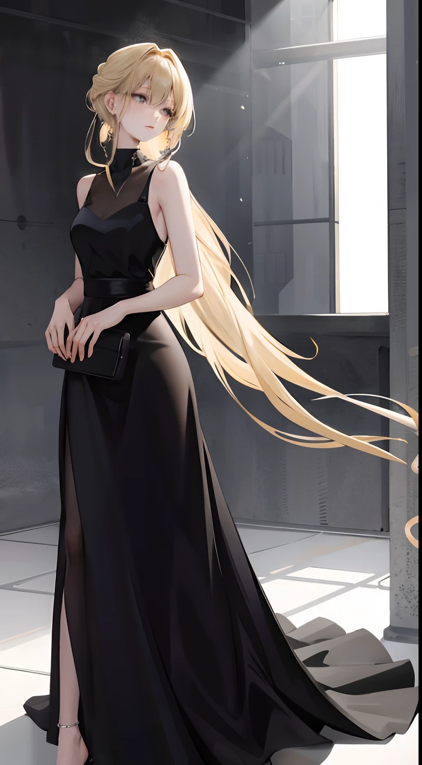 masterpiece: 1.7, top-quality, Well-formed face、Face down、Soio、a blond、Understanding the whole body、The whole body is reflected、Feet are also reflected、bare-legged、she is wearing a black dress、Wearing elegant dresses、an elegant woman in black dress、wearing black camisole outfit、open dress、wearing long dresses、wearing long dresses