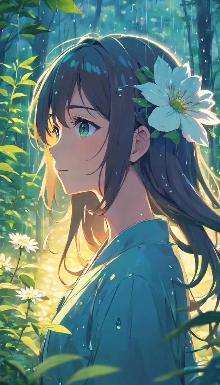 anime girl with long hair and flower in her hair, Beautiful anime artwork, style of anime4 K, Anime art wallpaper 4k,Rainy days，janelas，the woods，Rain drops