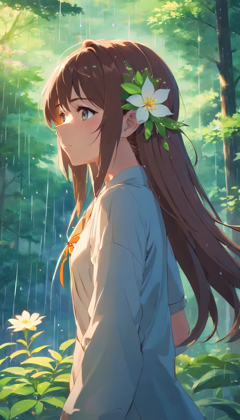 anime girl with long hair and flower in her hair, Beautiful anime artwork, style of anime4 K, Anime art wallpaper 4k,Rainy days,janelas,the woods,Rain drops