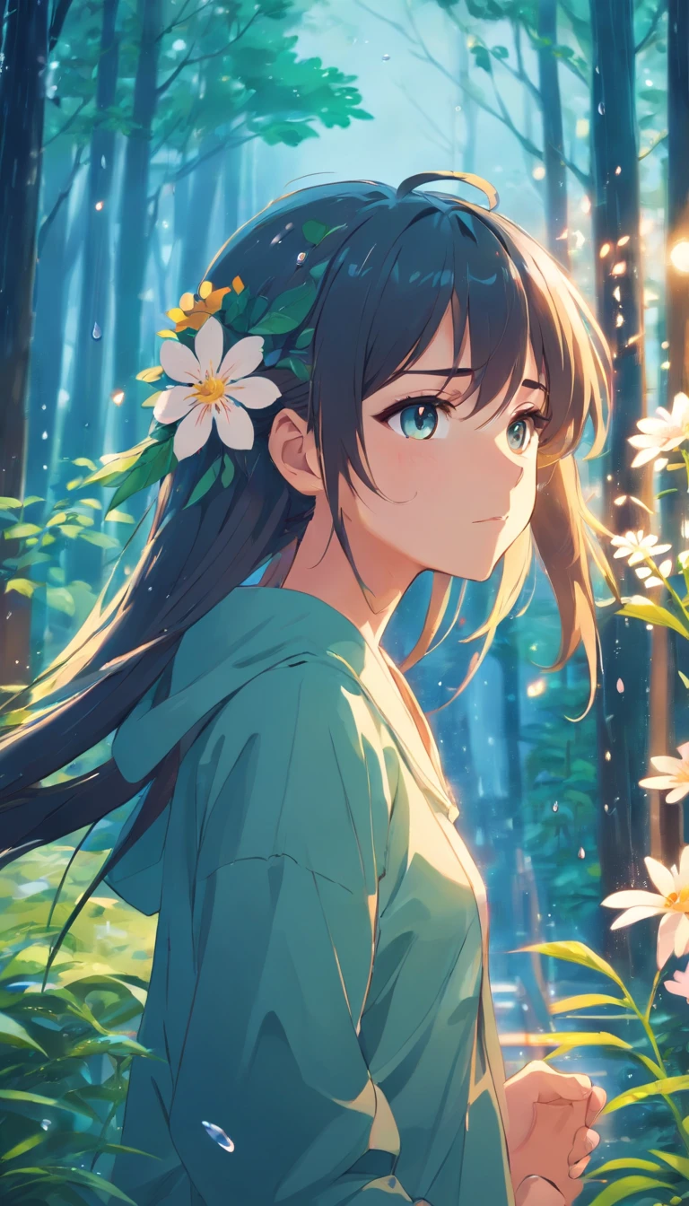 anime girl with long hair and flower in her hair, Beautiful anime artwork, style of anime4 K, Anime art wallpaper 4k,Rainy days，janelas，the woods，Rain drops