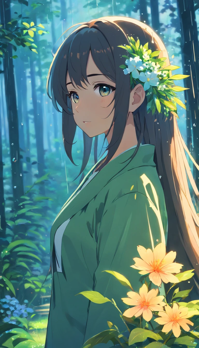 anime girl with long hair and flower in her hair, Beautiful anime artwork, style of anime4 K, Anime art wallpaper 4k,Rainy days,janelas,the woods,Rain drops