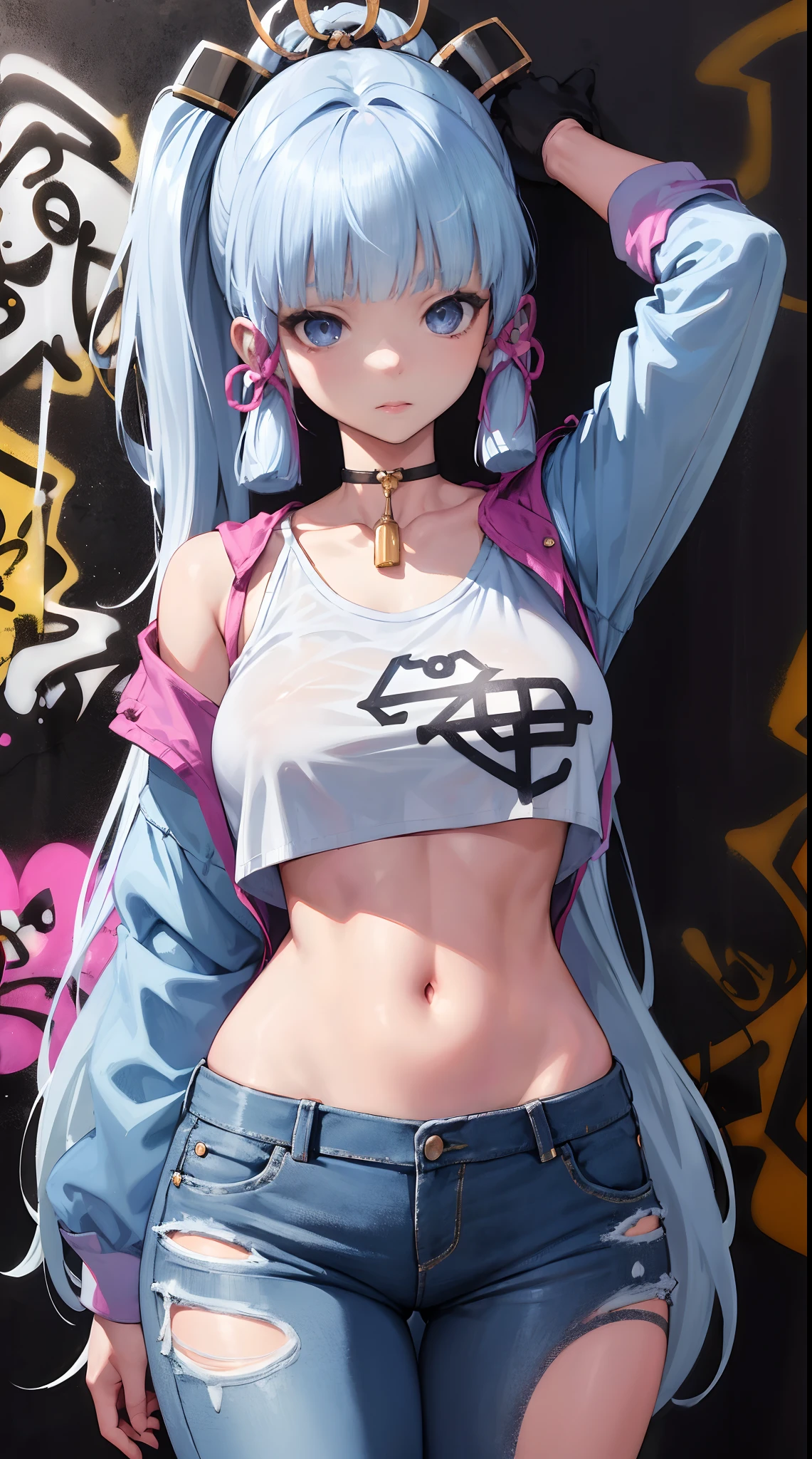 kamisato ayaka|genshin impact, master-piece, bestquality, 1girls,25 years old, proportional body, elongated legs, Beautiful, proportional., crop top, Long Jeans, mediuml breasts, ,bara, crop top, choker, (Graffiti:1.5), Splash with purple lightning pattern., arm behind back, against wall, View viewers from the front., Thigh strap, Head tilt, bored,(NSTDA.:1.2), (10, beste-Qualit, master-piece: 1.4), Beautiful red hair, ultra-high resolution, (lifelike, photorealistic portrait: 1.48), 20 age, Cute Girl, (Looking Through Crop Tops.), Famous Japanese actors, beautiful clear eyes, Head tilt, cowboy shot, from the front, looking at the audience, expressionless, Beautiful lake, Zeiss 150mm F/ 2.8 Hasselblad,  Whole body, foot, Ultra-Wide Angle,