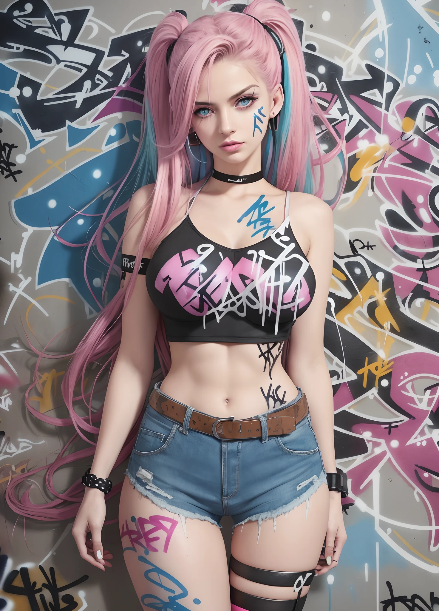 masutepiece, Best Quality, 25-year-old beauty, Long hair, (Mature Face:1.4), 1womanl, Solo, croptop, Denim shorts, Choker, (Graffiti:1.5), Paint Splatter, arms behind back, Against Wall, Looking at Viewer, arm band, Thigh strap, paint on body, Head tilt, bored, multicolored hair (Pink, Blue), aqua eyes, headset on head