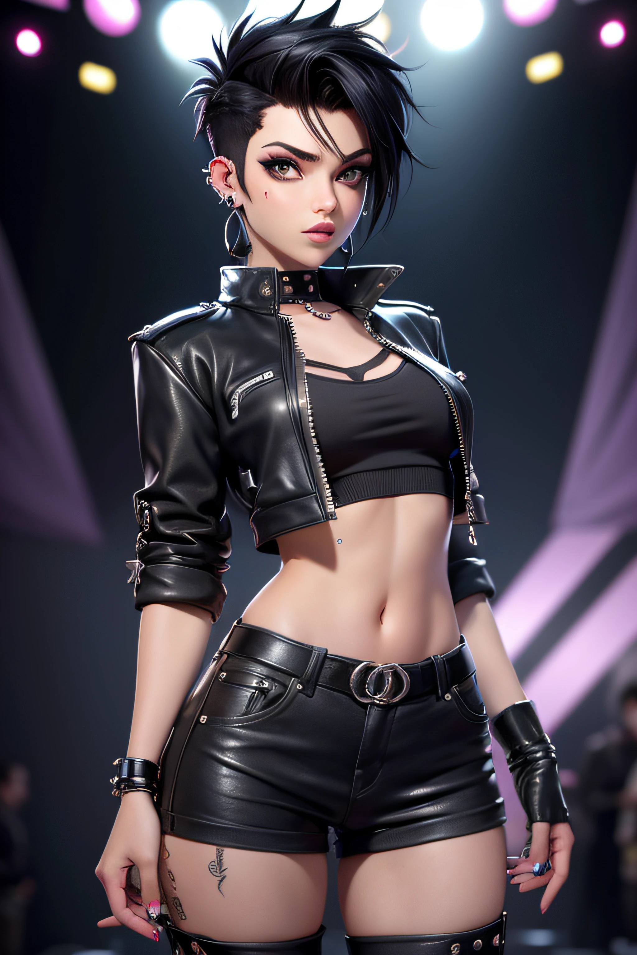 Best quality, profondeur de champ, cinematic light. Punk girl with black hair (very short on the sides) et aux yeux noirs. Many Piercings aux oreilles et au nez, blouson de cuir noir et pantalon en cuir noirs, avec des jolies bottes en cuir noires. singing On a stage. ombre profonde, ((Regarder le spectateur)), (blurred background),(without people in the background:1.3), Beautiful earrings, Bracelets, sein ouvert, very slim, seins moyens.