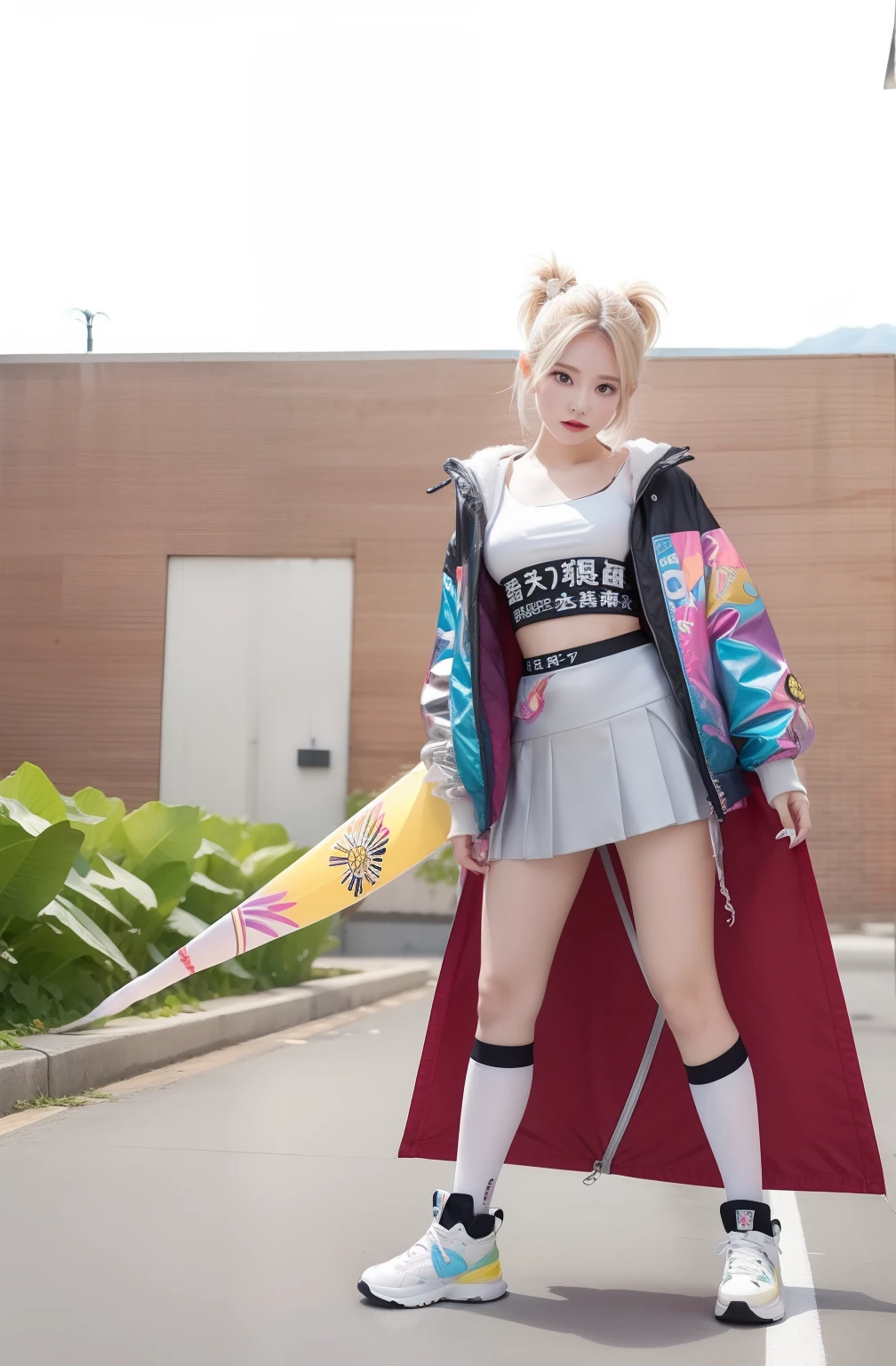 infp young woman、a blond、large full breasts、beautiful foot、Colorful hair、、Good Style、Top with colorful fruit pattern、Mini skirt with slit、silvery jacket、White tights