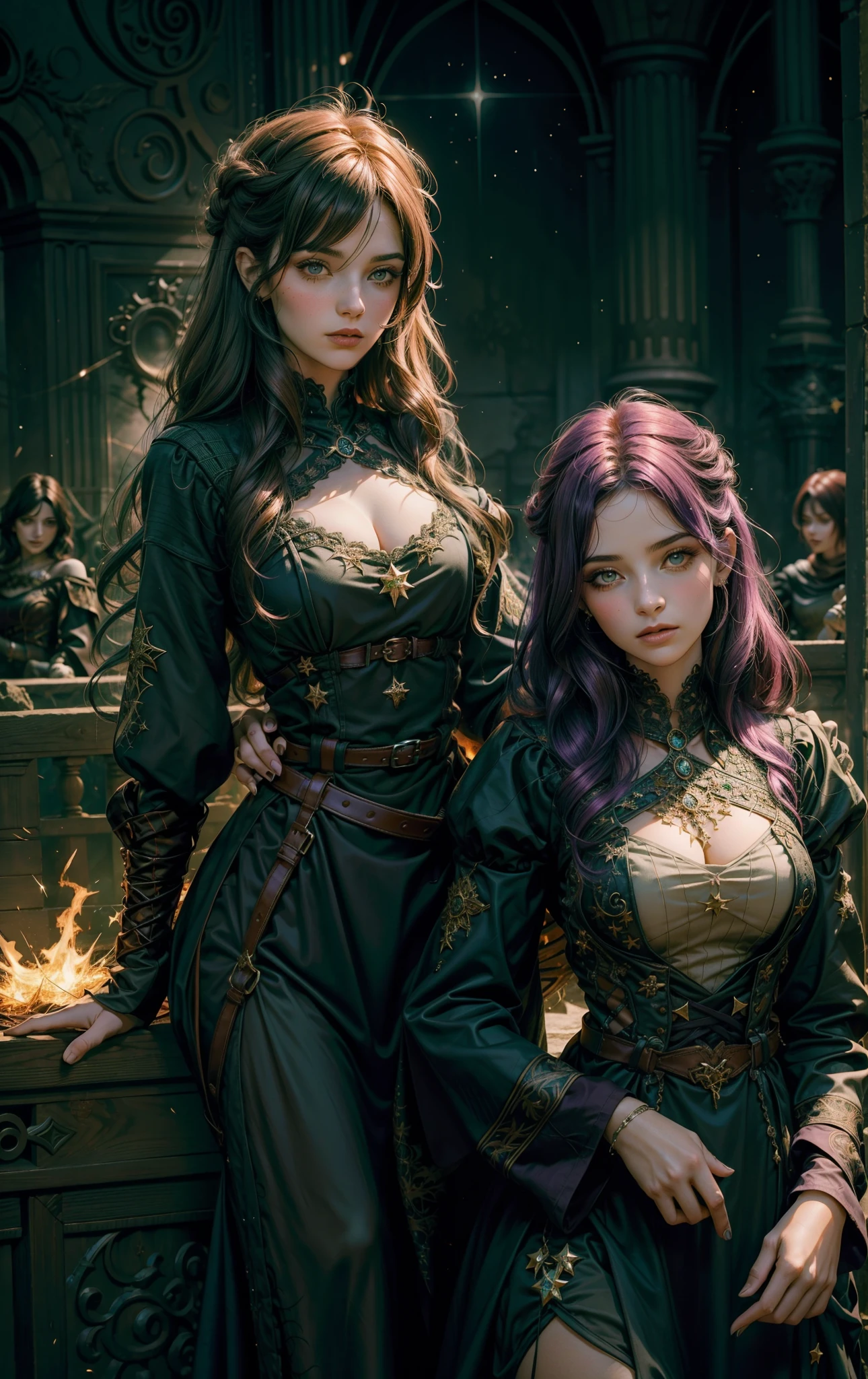 2 mulheres com a magia dourada, The background of the image is dark and starry and full of patches of light with sparks of fire, 2 mulheres de tons de cabelo diferente assim como os olhos, 1 melher tem cabelos Verde/Verde, magical aura, a outra melher de cabelo roxo