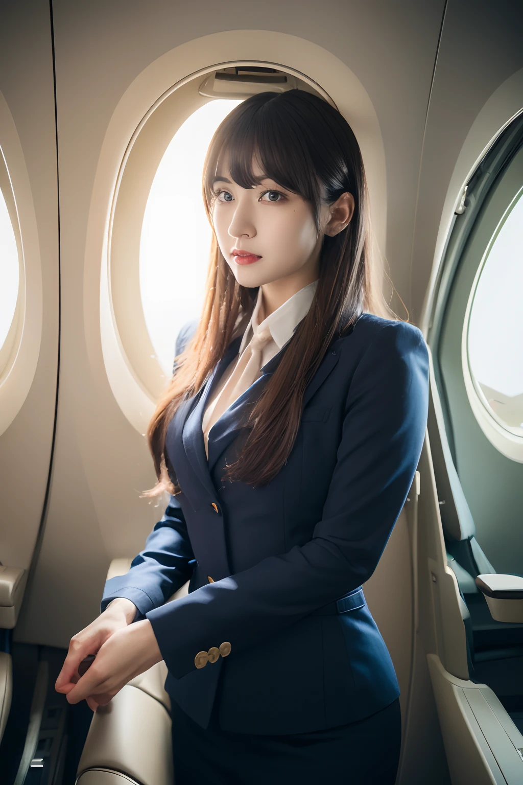 best quality, masterpiece, 8k, ultra high res, (photorealistic:1.4), highly detailed, intricate detail, delicate and beautiful, good lighting, professional lighting, sharp focus, detailed shadows, exquisite details and textures, depth of field, unity 8k wallpaper, cinematic composition, cinematic lighting, official art, Cabin Crew, flight attendant, black pantyhose, (aircraft, (Aircraft Corridor), Aircraft seats) beautiful elegant face, detailed face, detailed eyes, realistic hair, long hair, (1girl), (standing:1.3),