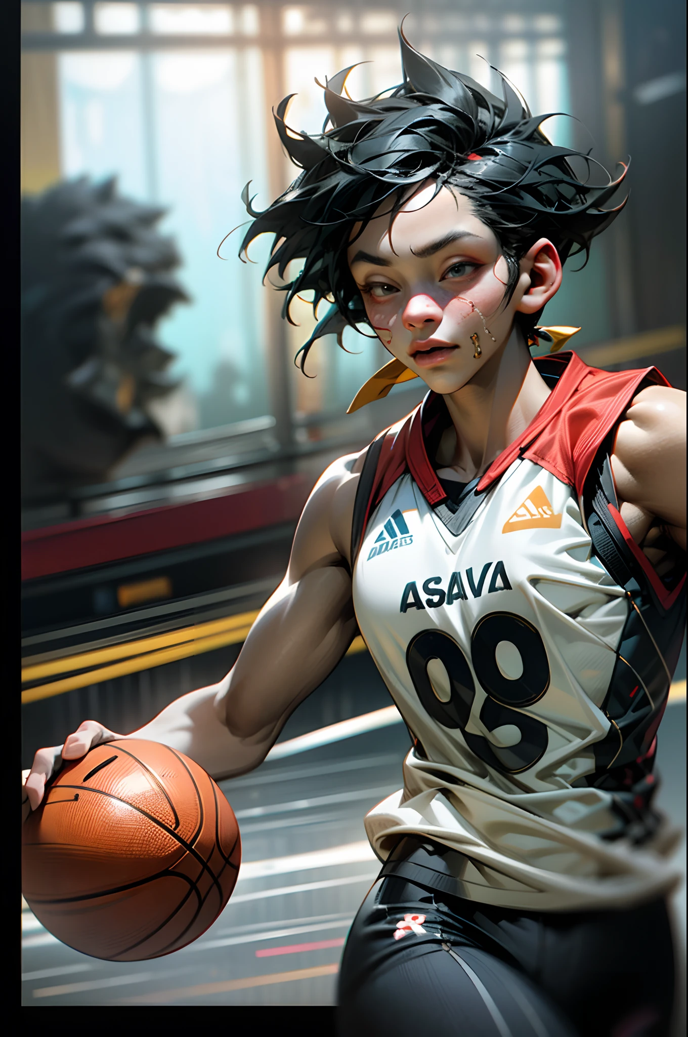 35mm camera lens，cool guy，athlete，basketball ball，detailedbackground，Asian Games，True skin texture，Smudge，Accurate facial features，dynamic blur，super-fine，ultra - detailed，high qulity，8K ，oc rendered，dynamic viewing angle，Hyper Real，Ultra photo realsisim