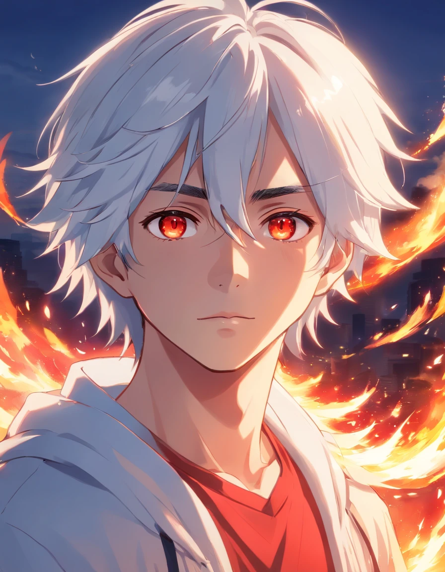 male people, White hair, Long hair, Red eyes, Mysterious storyline, Fire magic, Masterpiece, Best quality, Ultra detailed, Detailed face, Detailed eyes, Mysterious storyline, Vibrant colors, 32K resolution, Excellent painting in extreme detail, Ultra Realistic Photo