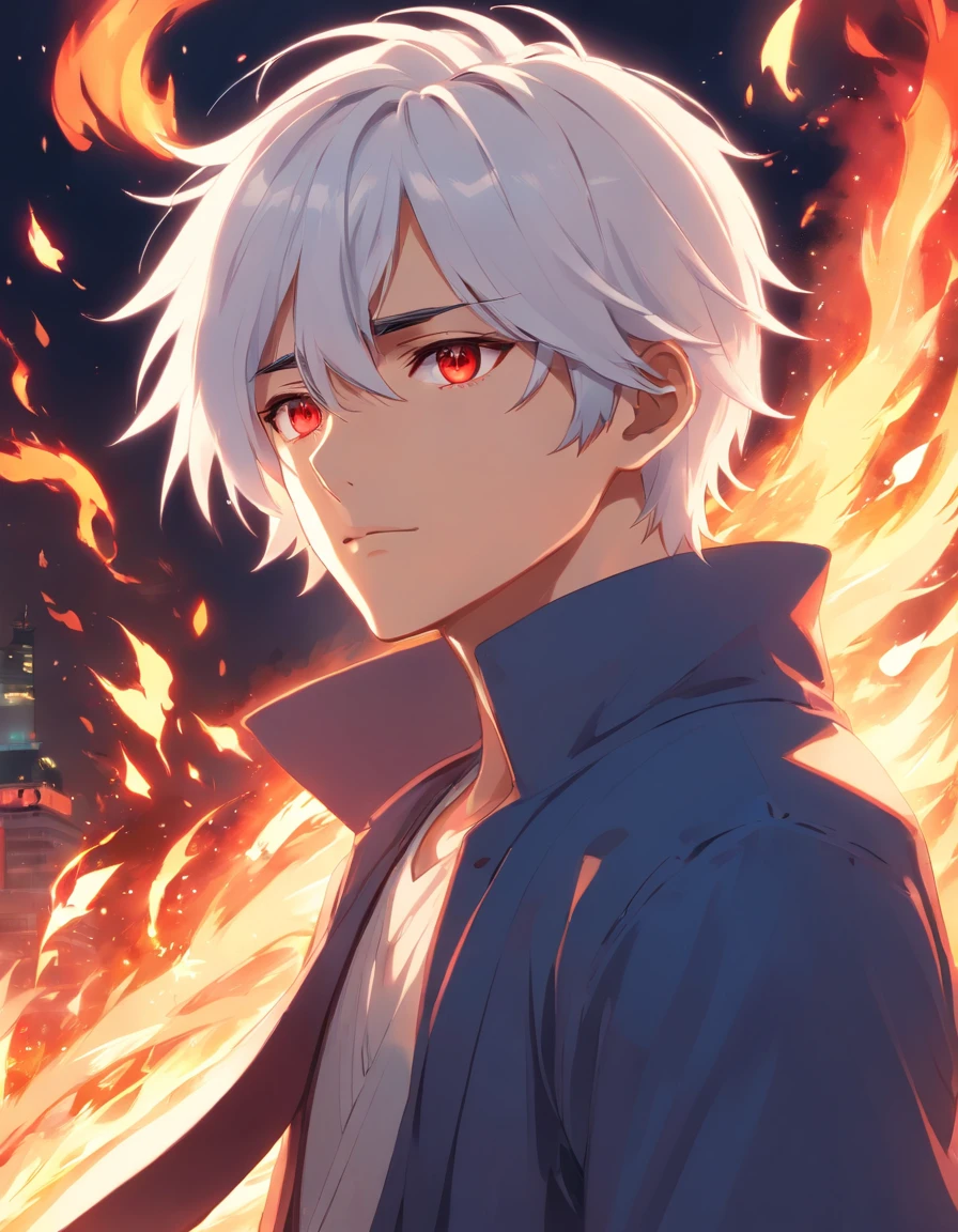 male people, White hair, Long hair, Red eyes, Mysterious storyline, Fire magic, Masterpiece, Best quality, Ultra detailed, Detailed face, Detailed eyes, Mysterious storyline, Vibrant colors, 32K resolution, Excellent painting in extreme detail, Ultra Realistic Photo