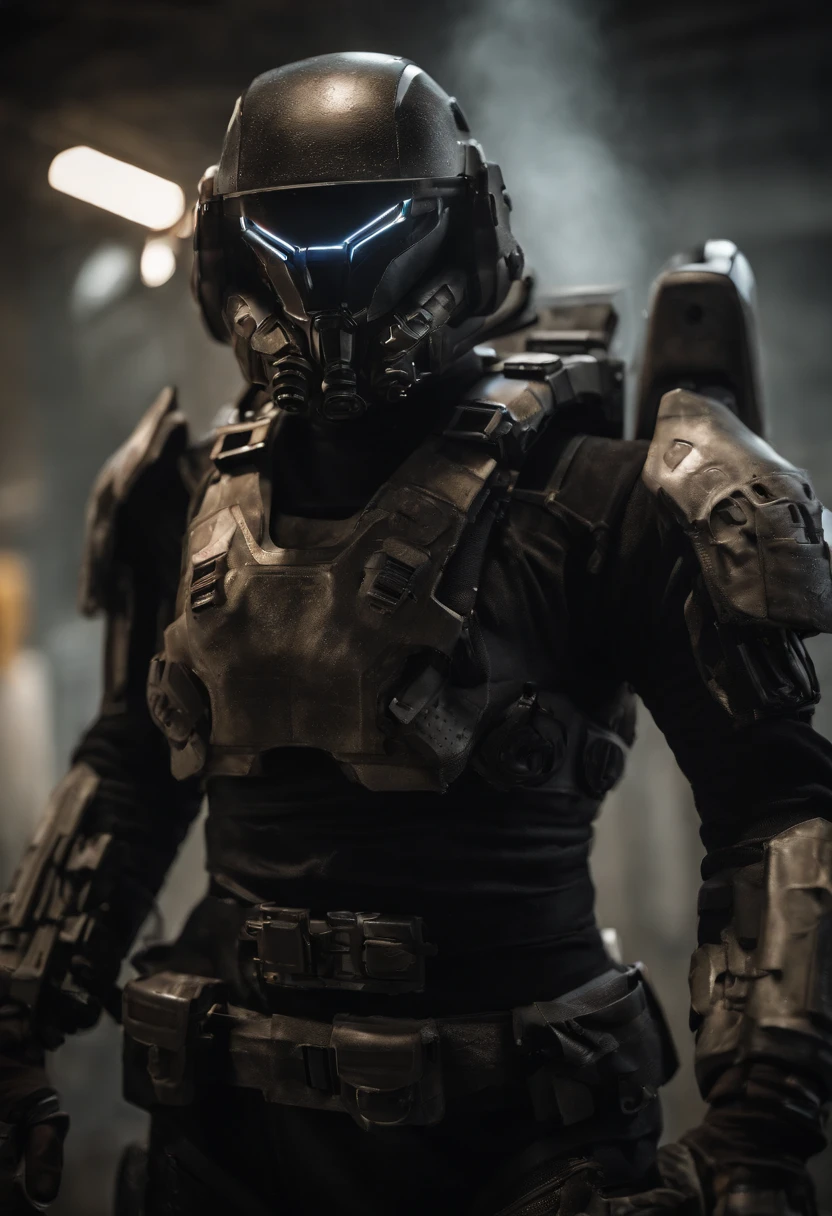 This is a CG portrait with a black background, A futuristic soldier wearing off-white power armor in a sci-fi style and a power armored soldier armed with a Gauss rifle. Be bold all over, Flames burned behind his back and behind his feet. Light and shadow contrast sacred, And the composition of the film is epic, Tragic, Dark style, biblical, divino, Bright, Serious, dark soul, k hd, Epic, and sci-fi style - AR 3:5 --V 5.1