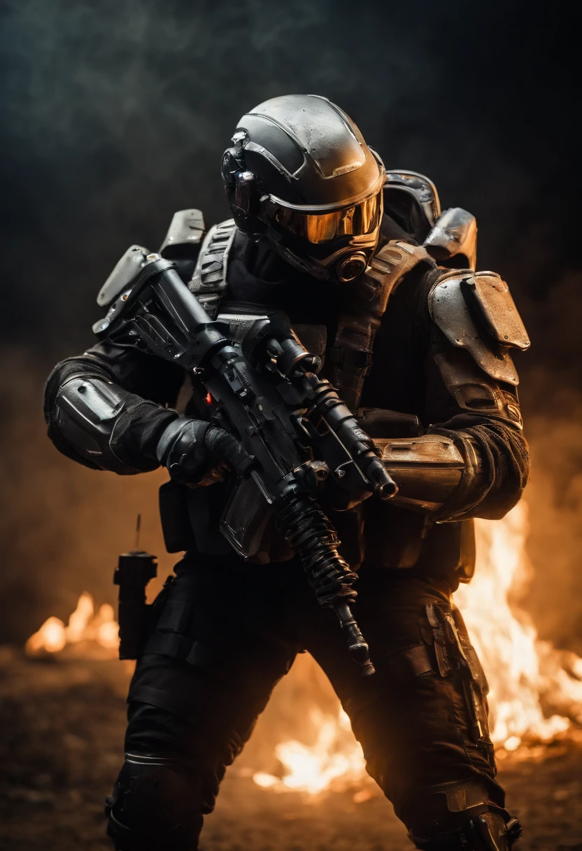 This is a CG portrait with a black background, A futuristic soldier wearing off-white power armor in a sci-fi style and a power armored soldier armed with a Gauss rifle. Be bold all over, Flames burned behind his back and behind his feet. Light and shadow contrast sacred, And the composition of the film is epic, Tragic, Dark style, biblical, divino, Bright, Serious, dark soul, k hd, Epic, and sci-fi style - AR 3:5 --V 5.1