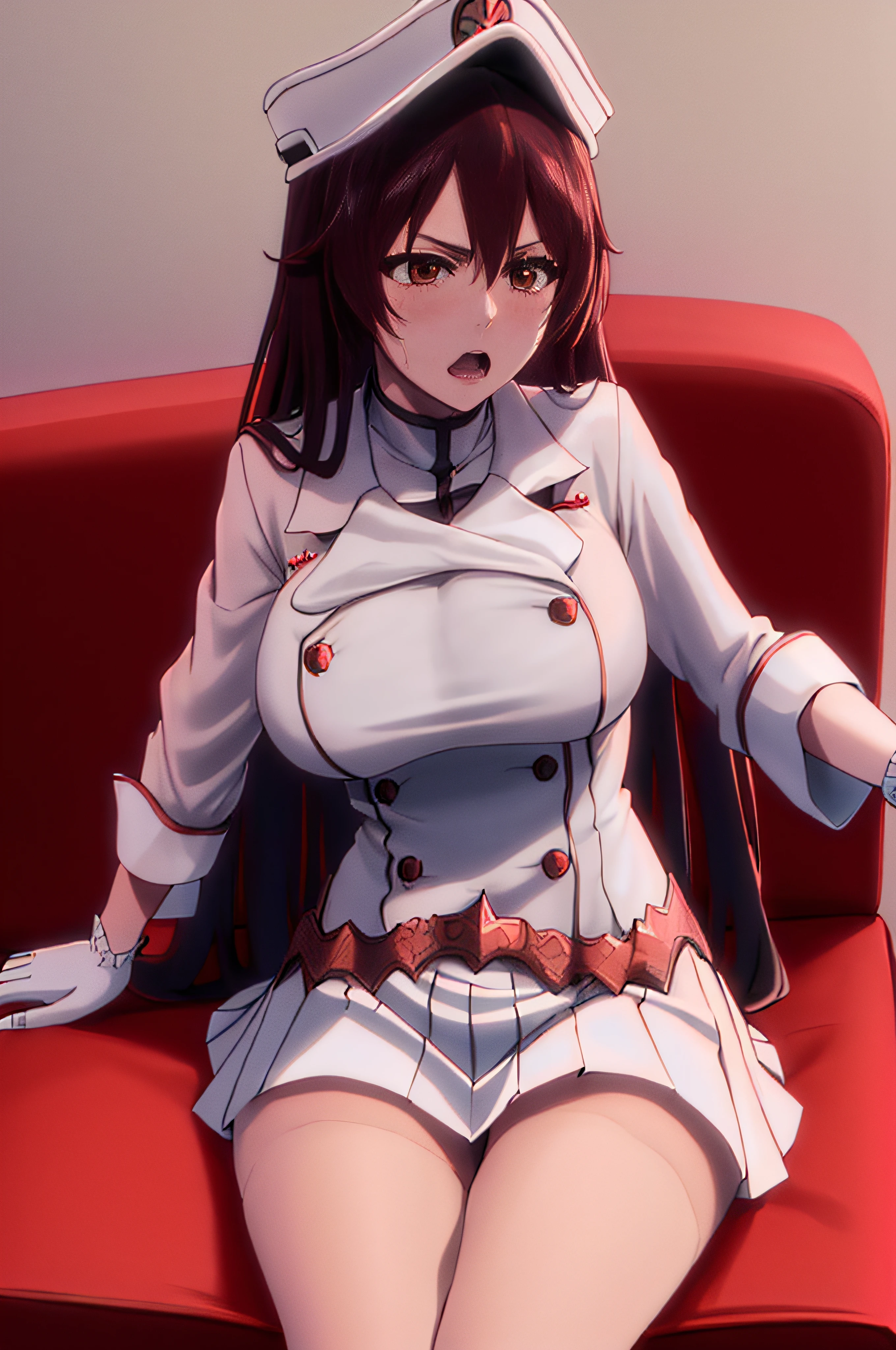 bambietta, sitting on sofa, blush, open mouth, deep brown eyes, hat, (white skirt), white military form, closed medium breasts | big breasts masterpiece, detailed, intricate details