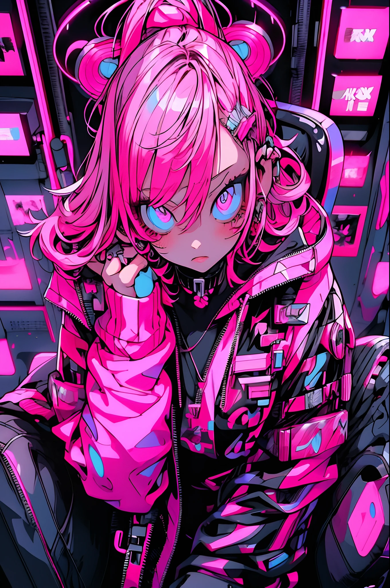anime girl with pink hair sitting on a chair in a neon city, cyberpunk anime girl in hoodie, cyberpunk anime girl, anime style 4 k, anime cyberpunk art, best anime 4k konachan wallpaper, digital cyberpunk anime art, female cyberpunk anime girl, digital cyberpunk - anime art, cyberpunk anime art, anime cyberpunk, cyberpunk streetwear, cyberpunk art style