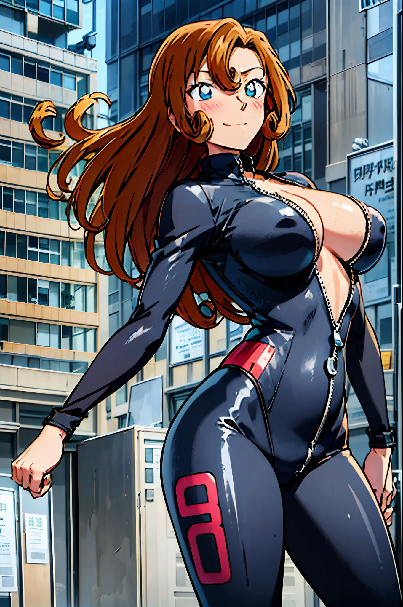 poster, anime style, hires ((motorcycle)), (female biker), (slender body), mature woman, milf, (half zipped, catsuit, biker suit) victorious, gorgeous, winner, confident face, smile, (closed mouth), (pale skin, shiny skin, lighting and shadow), big breasts, (only one arm stretching), long belly, closed fists, seductive, (brown, long hair, curly bangs), 37 years old