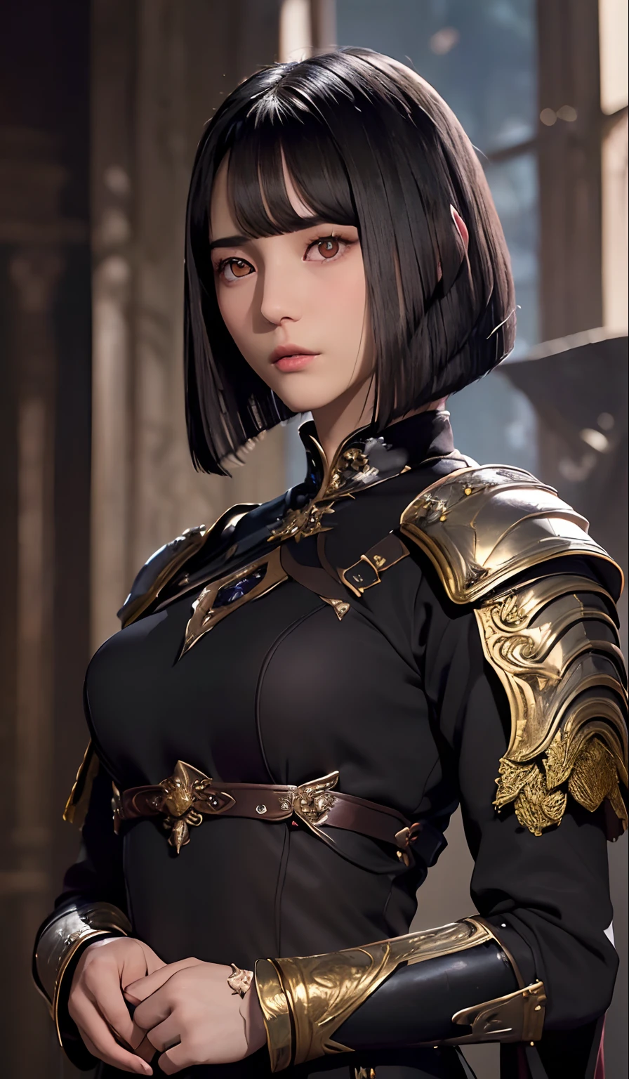 ((top-quality、​masterpiece:1.3))、sharp:1.2、Perfect Body Beauty:1.1)、Highly detailed facial and skin texture、Detailed eye、Fantasia、(Pitch black armor:1.3)、二重まぶた、((bob cuts:1.5))、(dark brown  hair)、(well-groomed bangs:1.2)、((One Woman))、Holding the sword、fantasy castle、Black Knight、darkened room、Darkness Falls、The Knight Who Turned Evil、Fallen into evil、Evil Warrior、((Beautiful hairstyle:1.4))、(Colossal tits)