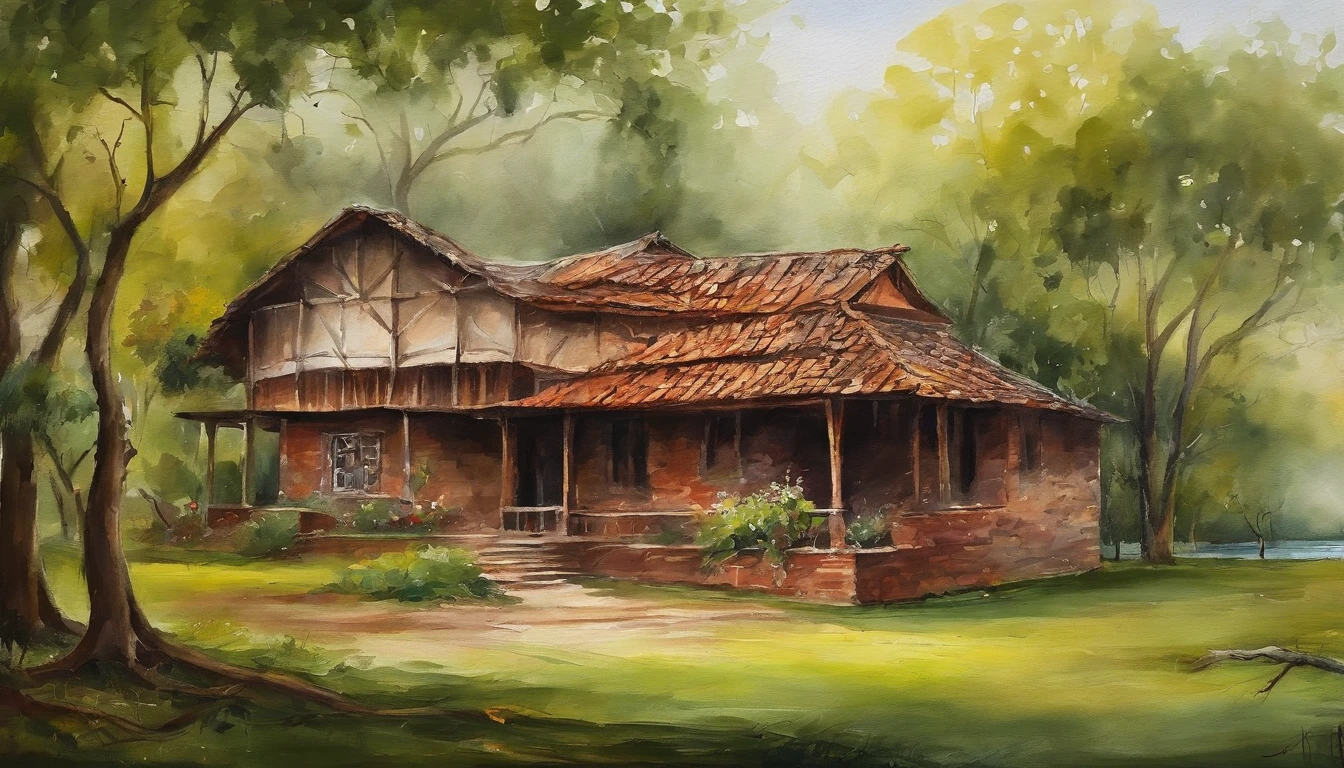 Old residential area，Red brick building，Big banyan tree，Clean the pavement，Fallen leaves，springtime，in the early morning，Light green tones，super-fine，Carefully portrayed，high qulity，8K，