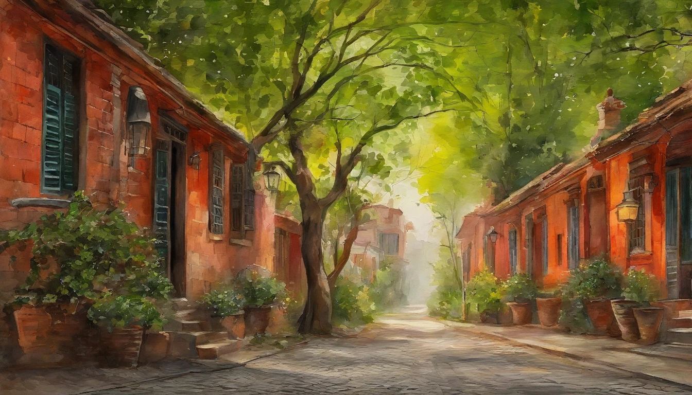 Old residential area,Red brick building,Big banyan tree,Clean the pavement,Fallen leaves,springtime,in the early morning,Light green tones,super-fine,Carefully portrayed,high qulity,8K,