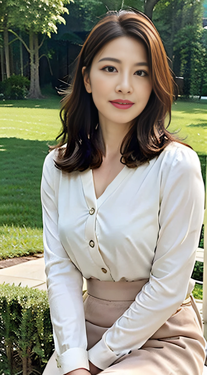 ((中景 the scene is、A half body)),top-quality、tmasterpiece、超A high resolution、(Photorealsitic:1.4)、A Japanese lady、48-year-old woman,There is a little wrinkle on the face,Wavy brunette hair、Silk、Knitted long sleeve long skirt(huge-breasted:1.4)、standing on your feet:1.2,Park background,Slightly chubby body:1.4,Straight body,Slightly chubby face:1.4,Wrinkles at the corners of the eyes,There are wrinkles at the corners of the mouth,(fully body photo),Shows old age