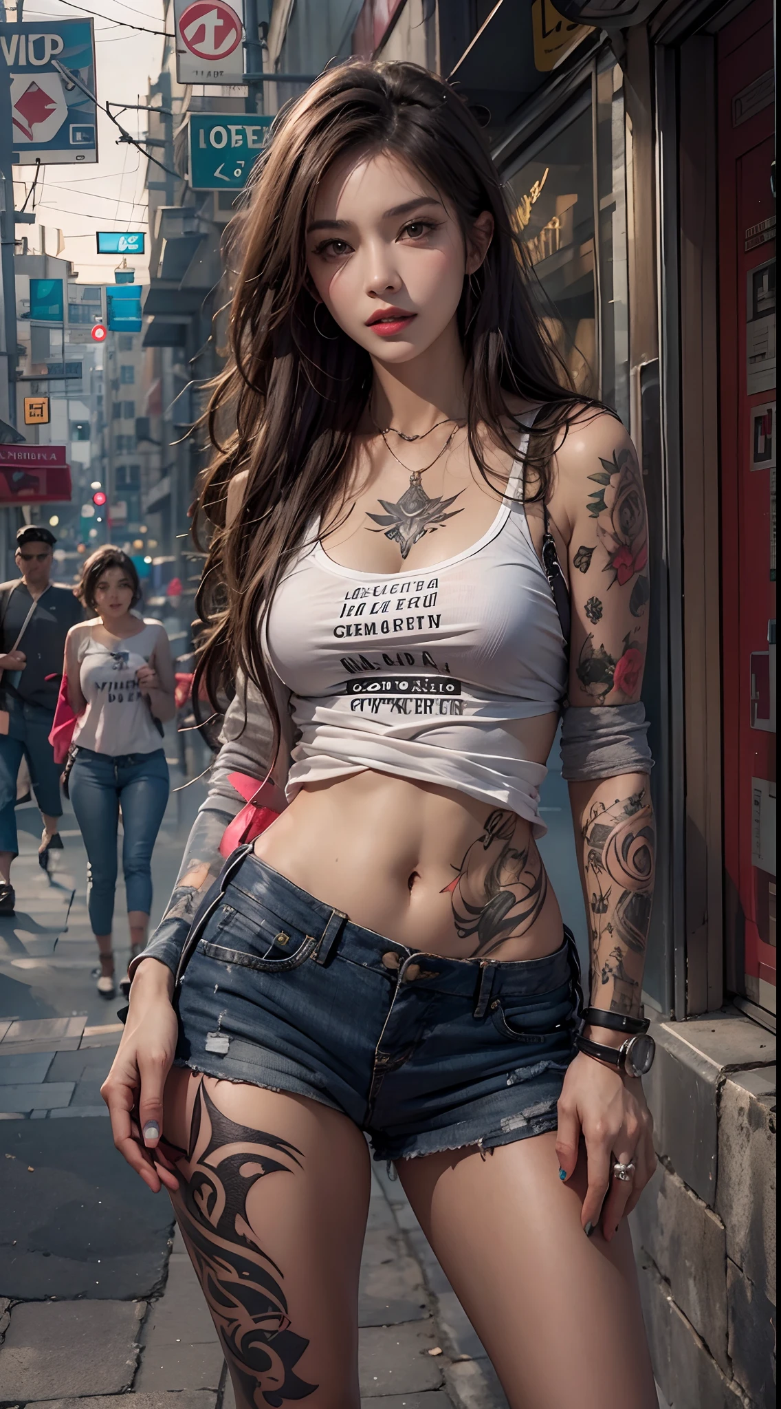 Photorealistic, High resolution, 1womanl, maturefemale, Solo, hips up high, Long hair, street wear, The tattoo