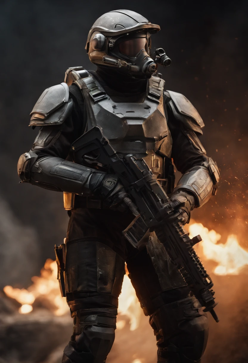 This is a CG portrait with a black background, A futuristic soldier wearing off-white power armor in sci-fi style and a power armored soldier armed with a Gauss rifle. Be bold all over, Flames burned behind his back and behind his feet. Light and shadow contrast sacred, And the composition of the film is epic, Tragic, Dark style, biblical, divino, Bright, Serious, dark soul, k hd, Epic, And sci-fi style - AR 3:5 --V 5.1