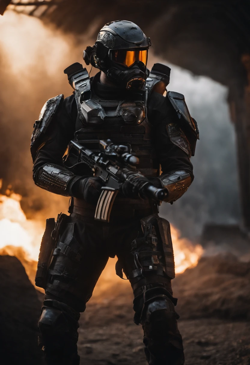 This is a CG portrait with a black background, A futuristic soldier wearing off-white power armor in sci-fi style and a power armored soldier armed with a Gauss rifle. Be bold all over, Flames burned behind his back and behind his feet. Light and shadow contrast sacred, And the composition of the film is epic, Tragic, Dark style, biblical, divino, Bright, Serious, dark soul, k hd, Epic, And sci-fi style - AR 3:5 --V 5.1