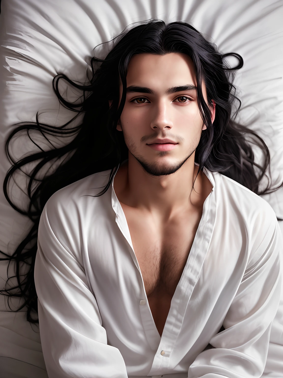 Photo of a 20-year-old European man, raw, beautiful (long black hair). ((Portrait)), ((Detailed face: 1.2)), ((detailed facial features)), (finely detailed skin), brown skin, beard, wrapped in a sheet, Bedroom environment, Sitting on the bed, (cold color), moist, moist, Reflectors, (masutepiece) (perfectly proportions)(photos realistic)(Best Quality) (Detailed) photographed in a Canon EOS R5, 50mm Lens, F/2.8, nffsw, (8k) (Wallpaper) (Cinematic lightning) (Dramatic Lighting) (foco nítido) (Convoluted) Fashion, From above
