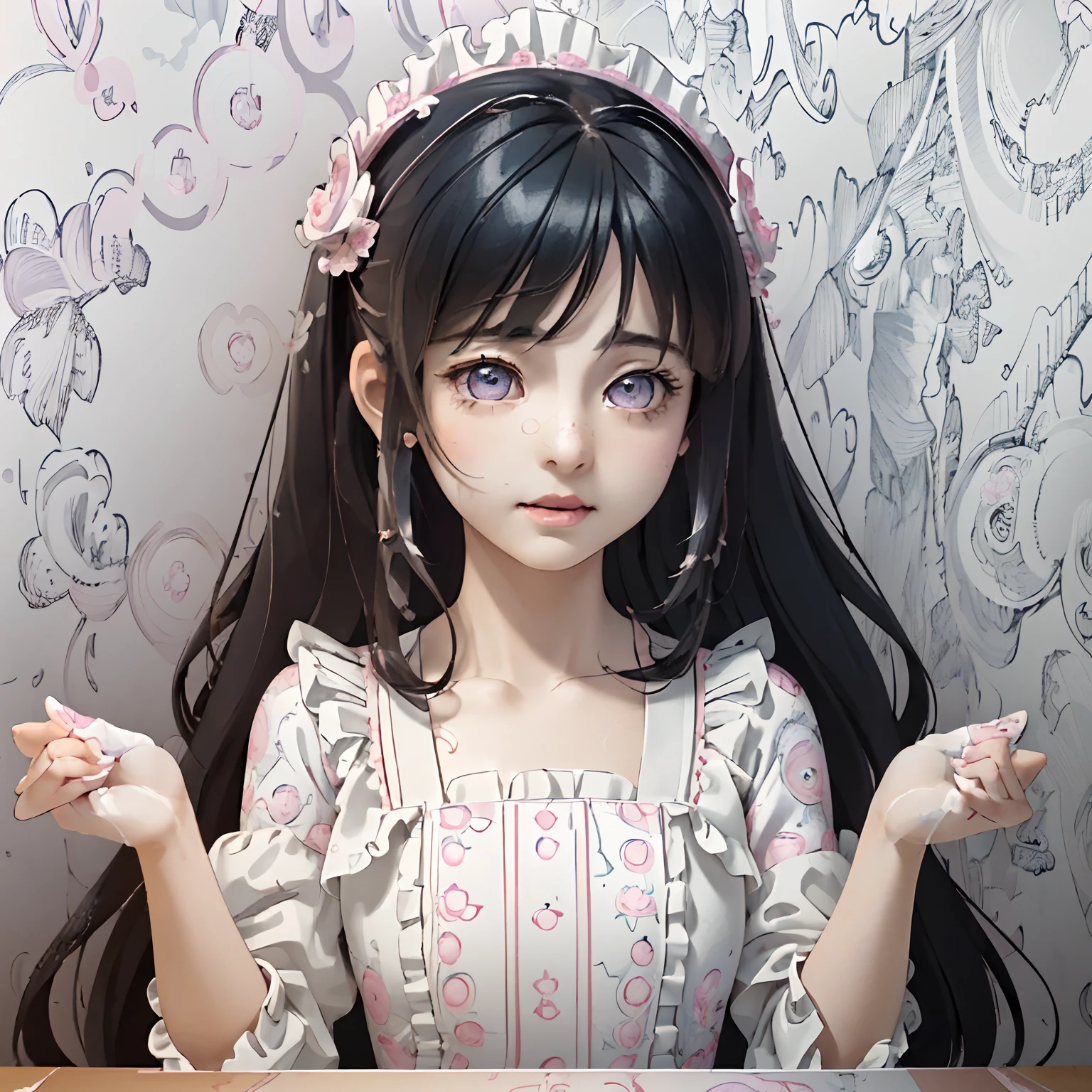 (masterpiece:1.2), (artwork:1.3), (amazing art:1.4), (best illustrator artist:1.3), (best luminosity), (best ultra-detailed, ultra-realistic, ultra-illustrated graphic:1.5), (chibi-cute+kawaii style:1.5) (kawaii cute best), (cute kawaii:1.2) 0.3), a cute little girl with medium dark blue hair, bright bright pearly pearly purple eyes bioluminescent luminecent, Blunt Bangs,wearing a cute pink dress with fluffy ruffles,  in one (extremely detailed CG unit wallpaper:1.8), of a very beautiful garden with amazing flowers in a beautiful and well-illustrated painting, cinematic lighting of cinema studios Paramount and Wit. 0.8]