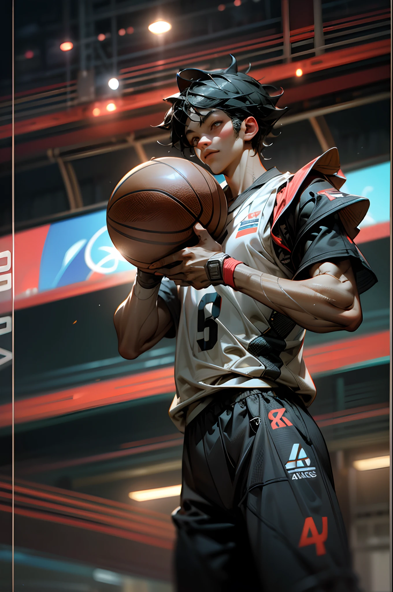 35mm camera lens，cool guy，athlete，basketball ball，detailedbackground，Asian Games，True skin texture，Smudge，Accurate facial features，dynamic blur，super-fine，ultra - detailed，high qulity，8K ，oc rendered，dynamic viewing angle，Hyper Real，Ultra photo realsisim