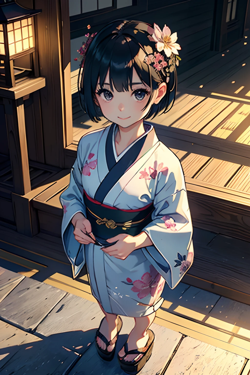 masterpiece, top-quality, Detailed details, Detailed landscapes, beatiful lights, Beautiful Shadows, Neat and clean woman,Standing、 32years old,((Smaller chest))、Black eyes, innocent smiles、,eye liner,Short hair、silber hair、((long kimono))、Feet are hidden by a kimono、Indigo kimono、with floral pattern、Accurate kimono modeling、Detailed kimono texture、(Wearing clogs)、detailed skin textures, Tyndall effect,
