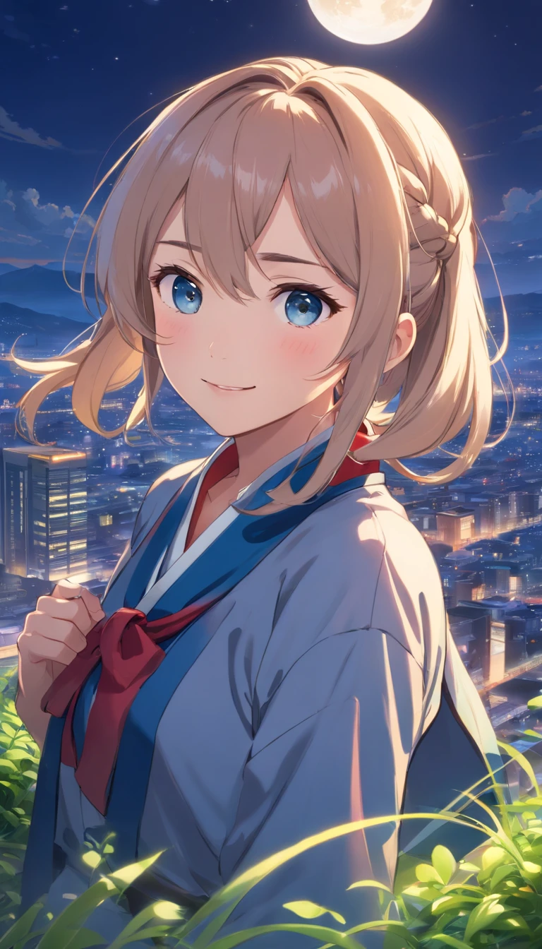 Best quality at best，tmasterpiece，The is very detailed，Face details，8K, detailed back ground，1girll，独奏，Silver hair，eBlue eyes，pigtails，long whitr hair，wavey hair，voluminous hair，pony tails，french braid，Blushlush，ssmile，Shawl，Chinese city，Chinese service，the night，themoon，scenecy，high place，horizon，ventania，wind blown，flowerbed，looking at viewert