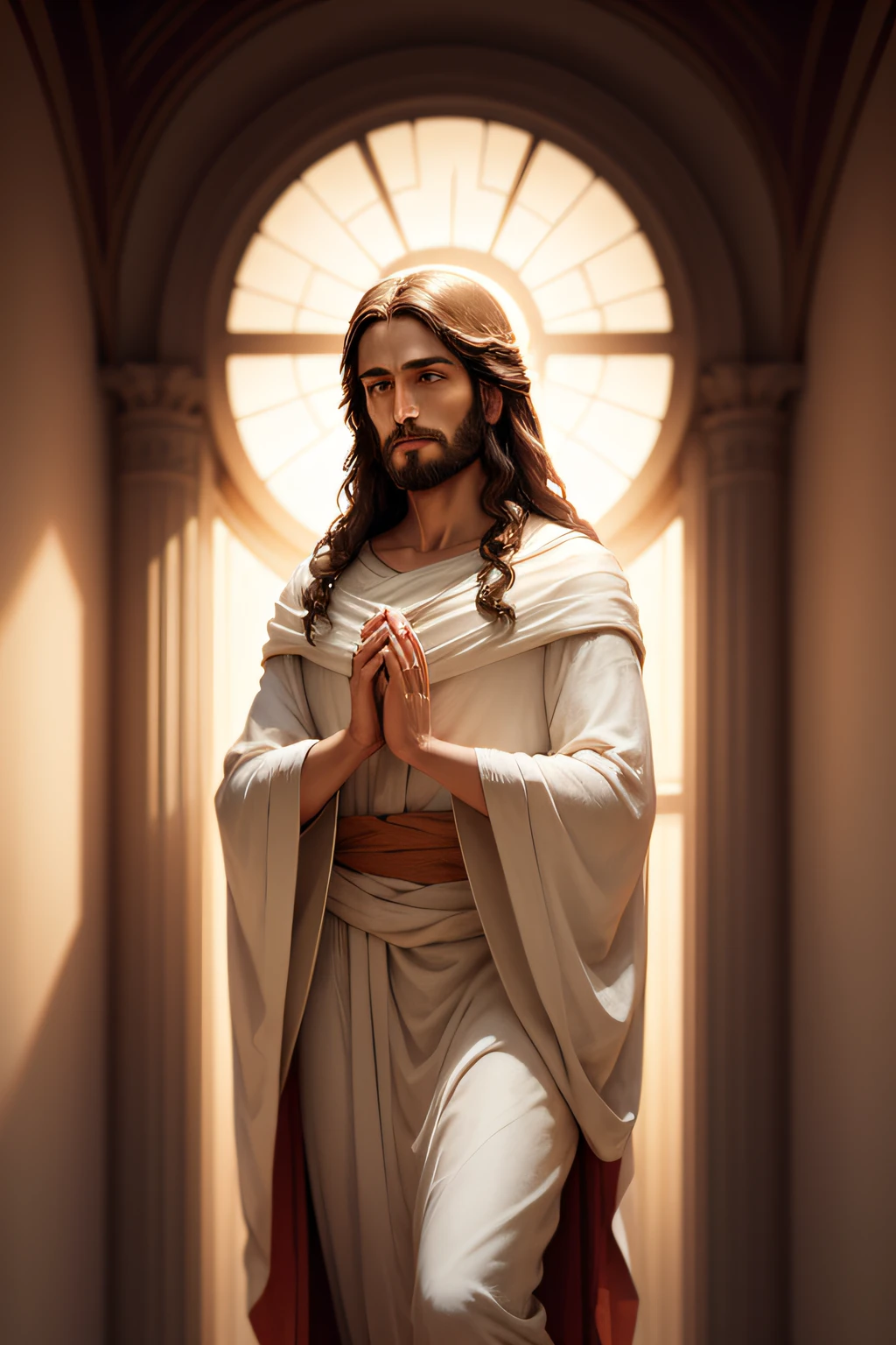 a high-definition image of Jesus Christ in a serene and majestic pose. Make sure the image is rich in detail and vibrant cores, capturing the essence of peace and personality. You can include elements such as an aura of soft light around it and a suitable setting that inspires tranquility and spirituality. Image quality must be at least 4K resolution
