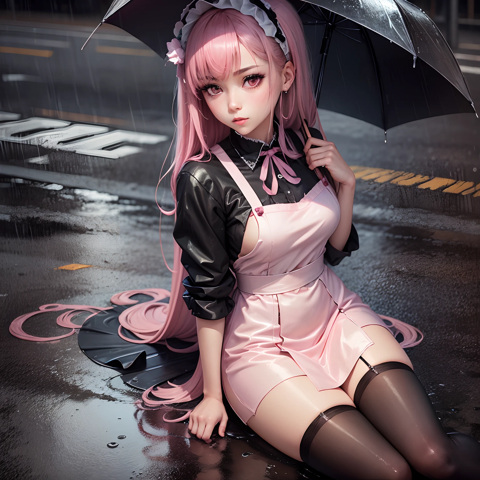 A stern girl in Japanese maid's clothes and long stockings sits on the wet pavement in a parking lot in the rain at night. Dark anime drawing in gothic pixiv style , pink hair, high-quality