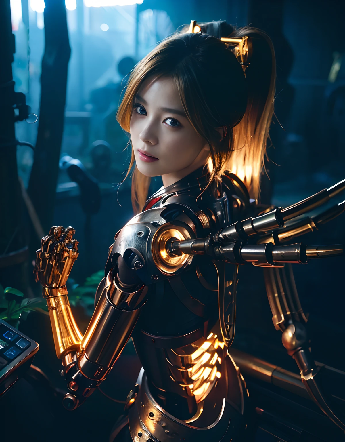 (1 Mechanical Girl)、top-quality、masterpiece、超A high resolution、(Photorealsitic:1.4)、Raw photo、1人、Golden hair、glowy skin、(((1 Mechanical Girl)))、With a beautiful knife、(Gold Metal Bodysuit)、(beautiful forest background)、(Fighting Demonic Beasts)、(Small LED)、((super realistic details))、portlate、globalillumination、Shadow、octan render、8K、ultrasharp、Colossal tits、Raw skin is exposed in cleavage、metals、Details of complex ornaments、Japan details、highly intricate detail、Realistic light、CGSoation Trends、Red Eyes、radiant eyes、Facing the camera、neon details、(Mechanical limbs)、(blood vessels connected to tubes)、Mechanical vertebrae attached to the back、mechanical cervical attaching to neck、(Wires and cables connecting to the head)、Gundam、Small LED、,Mechanical thighs、Toostock、(Hands are also made of machines)、