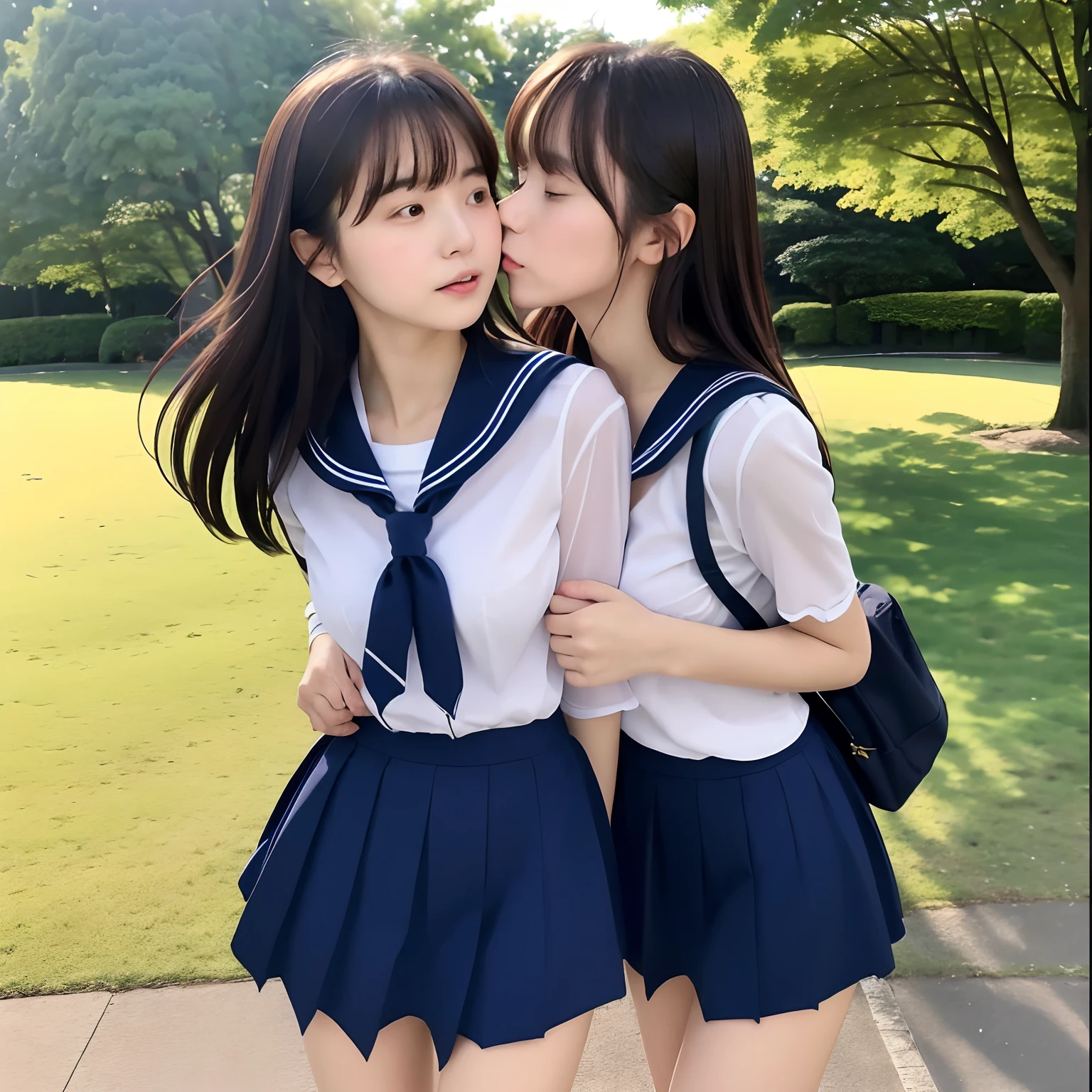 2 girls walking in Japanese city,short-sleeved white sailor leotard with plaid bow tie,school bags,18-year-old,bangs,a little smile,large bare thighs,knees,legs apart,short hair with low pigtails,from before,front light