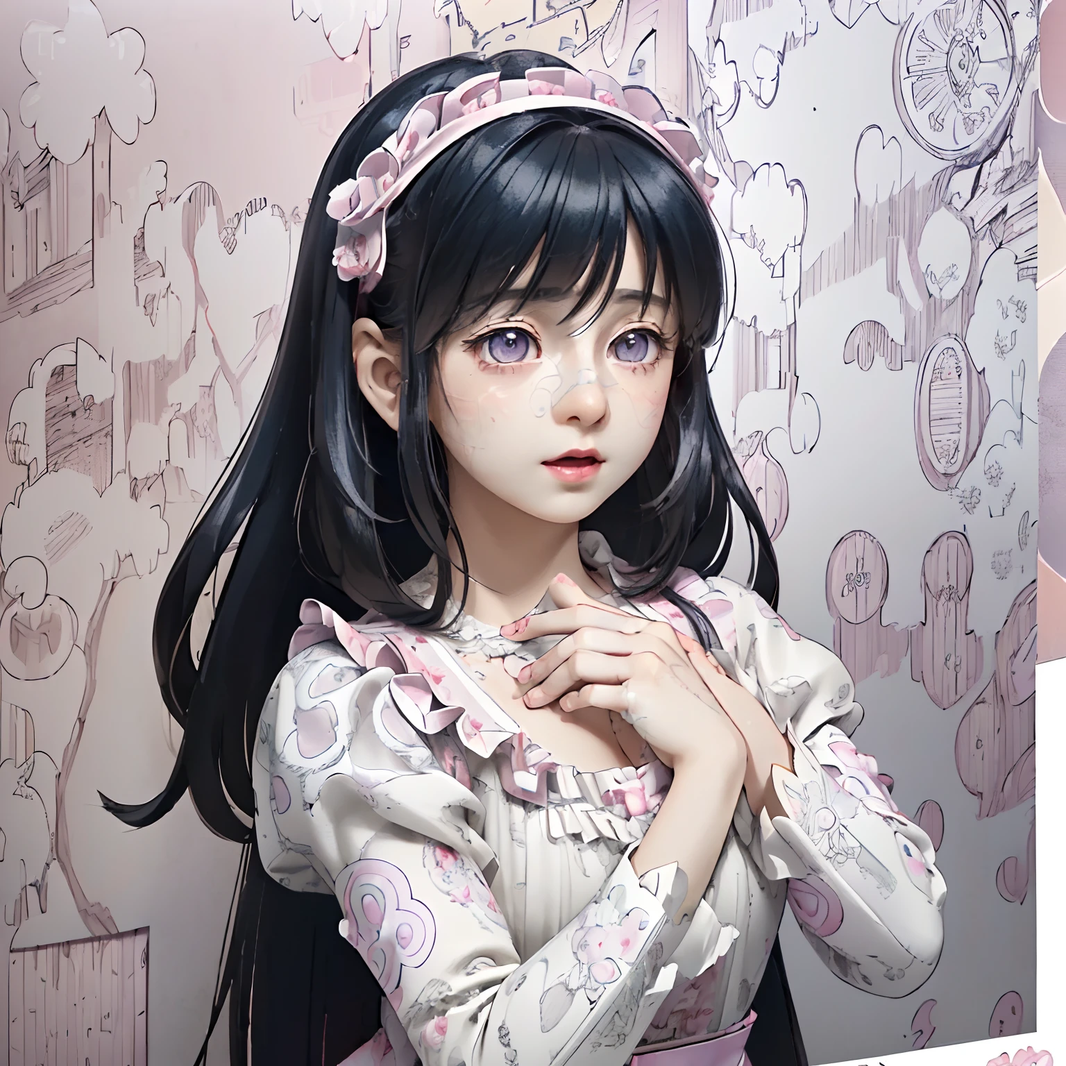 (masterpiece:1.2), (artwork:1.3), (amazing art:1.4), (best illustrator artist:1.3), (best luminosity), (best ultra-detailed, ultra-realistic, ultra-illustrated graphic:1.5), (chibi-cute+kawaii style:1.5) (kawaii cute best), (cute kawaii:1.2) 0.3), a cute  girl with medium dark blue hair, bright bright pearly pearly purple eyes bioluminescent luminecent, Blunt Bangs,wearing a cute pink dress with fluffy ruffles,  in one (extremely detailed CG unit wallpaper:1.8), of a very beautiful garden with amazing flowers in a beautiful and well-illustrated painting, cinematic lighting of cinema studios Paramount and Wit. 0.8]