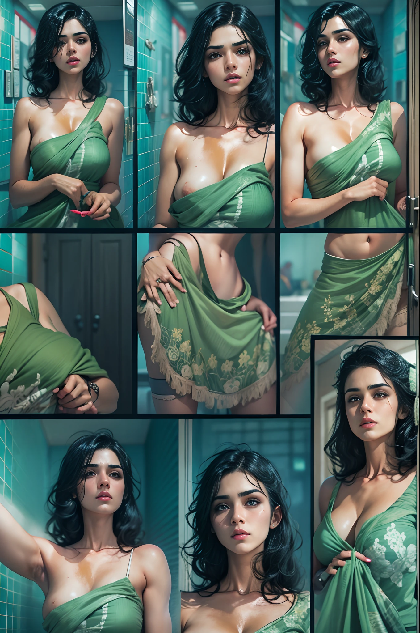 Different mood pakistan woman with very black hair, showing clevage, clutched in voilet towel, wide angle in a blue vintage bathroom, perfect anatomy, illustrative, painterly, detailed, UHD drawing, pen and ink, perfect composition, beautiful detailed intricate insanely detailed octane render trending on artstation, 8k artistic photography, photorealistic concept art, soft natural