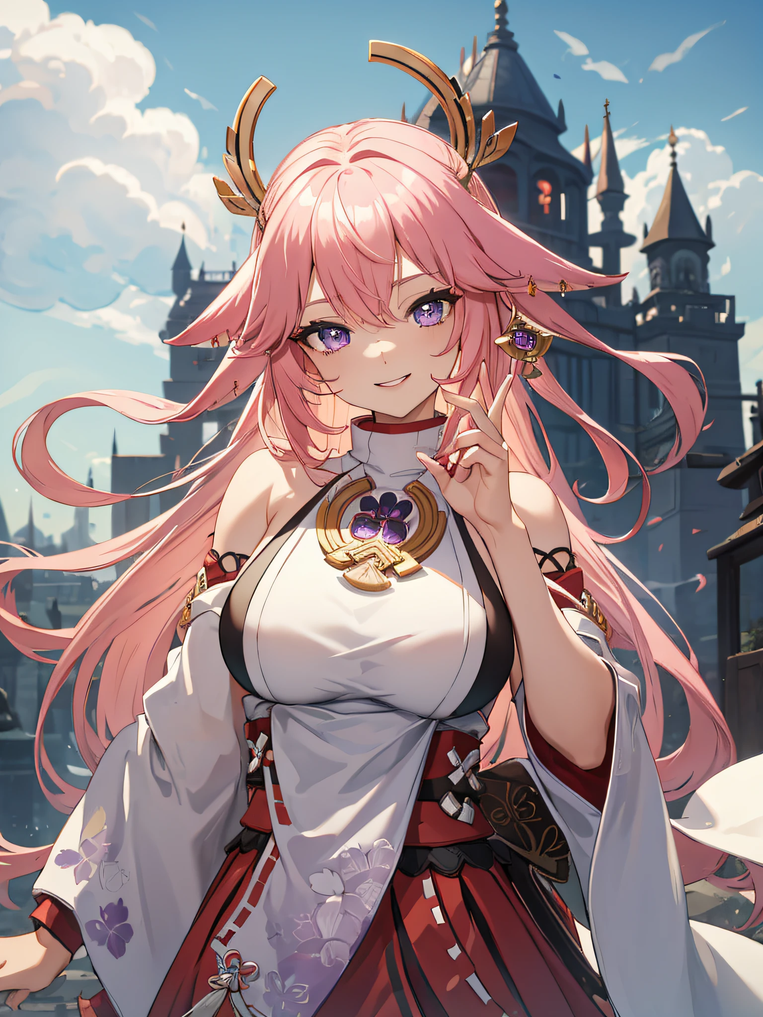 (masterpiece, best quality:1.2), highres, high resolution, solo, 1girl, yae miko, pink hair, side locks, long hair, purple eyes, smile, looking at viewer, seiza, hair ornament, Japanese clothes, sideboob, jewelry, earrings, large breast, large boobs, large chest, light smile, teeth, bare shoulders, portrait shot, upper body shot, BREAK outdoors, castle in background, blur background, standing, beautiful face, perfect fingers, perfect anatomy. PORTRAIT SHOT, masterpiece, high quality.