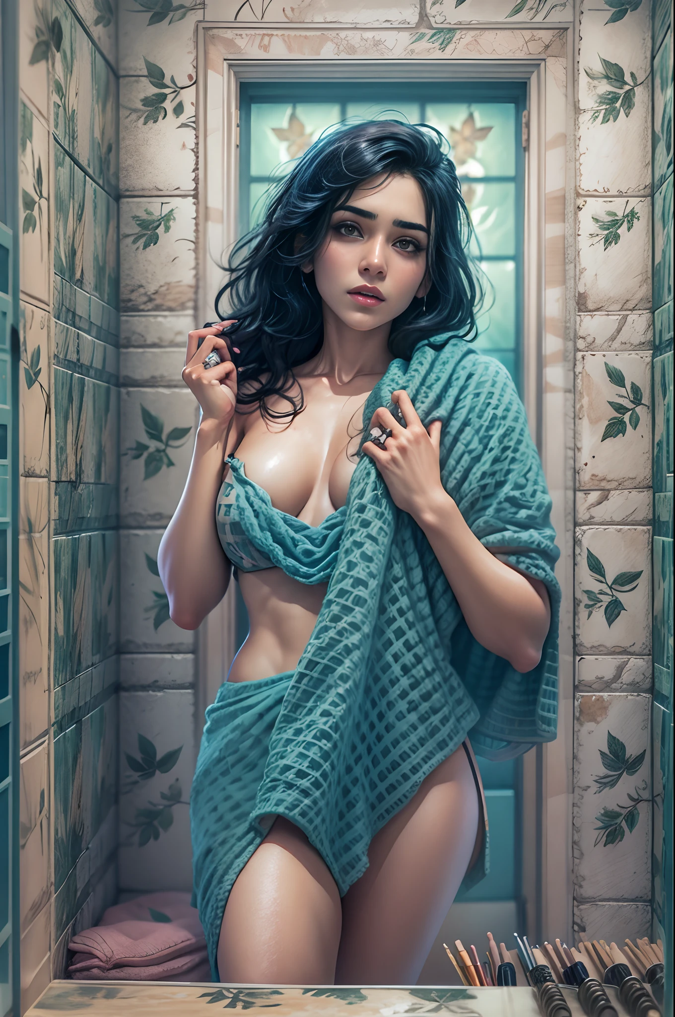 Different mood pakistan woman with very black hair, showing clevage, clutched in voilet towel, wide angle in a blue vintage bathroom, perfect anatomy, illustrative, painterly, detailed, UHD drawing, pen and ink, perfect composition, beautiful detailed intricate insanely detailed octane render trending on artstation, 8k artistic photography, photorealistic concept art, soft natural