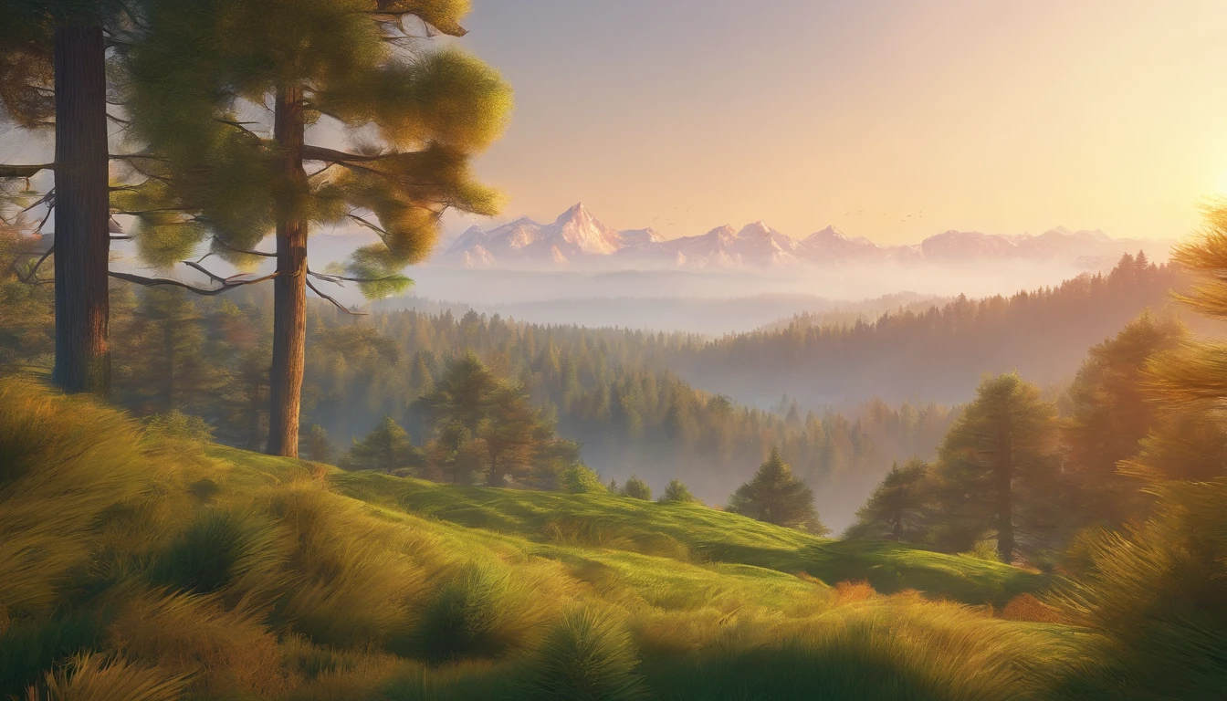 (highres),aerial view,pine forest,misty atmosphere,ethereal,serene landscape,vibrant greens,soft sunlight,tranquil,peaceful,calm,stillness,quietness,natural beauty,nature's embrace,fresh air,dew-covered leaves,mysterious,foggy ambiance,immersed in nature,trees stretching far and wide,intertwined branches,layered foliage,dappled shadows,distant mountains,harmony with the earth,unspoiled wilderness,majestic scenery,whisper of the wind,melody of nature
