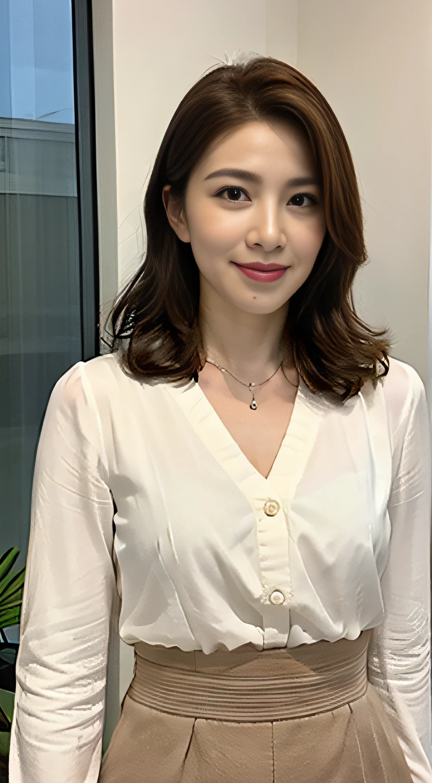 ((中景 the scene is、A half body))，top-quality、tmasterpiece、超A high resolution、(Photorealsitic:1.4)、A Japanese lady、48-year-old woman，There is a little wrinkle on the face，Wavy brunette hair、Silk、Knitted long sleeve long skirt（huge-breasted：1.4）、standing on your feet：1.2，Park background，Slightly chubby body：1.4，Straight body，Slightly chubby face：1.4，Wrinkles at the corners of the eyes，There are wrinkles at the corners of the mouth，（fully body photo），Shows old age