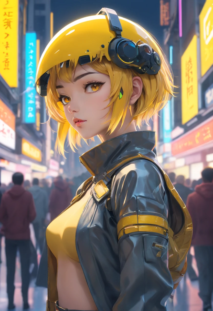 There is a woman in a futuristic helmet, Cyberpunk art inspired by Eddie Zant, Trending in CGsociety, Afrofuturismo, High Fashion Cyberpunk, Futuristic fashion woman, Futuristic visuals, futuristic style, Cyberpunk of the future, Cute cyberpunk female model, futuristic aesthetic, futuristic fashion, aesthetic cyberpunk, Cyborg fashion photography, hyper-realistic cyberpunk style, In a cyber-punk style, retro-futuristic, high fashion photography, Vogue Italia, futuristic yellow lens, Fashion Editorial, Shot with the Hasselblad H4D 200MS Digital Camera, (((A hyper-realistic))), (((ultra-detailliert))).Natural Photo, Shot with a professional camera, American courts, nffsw, 8K.